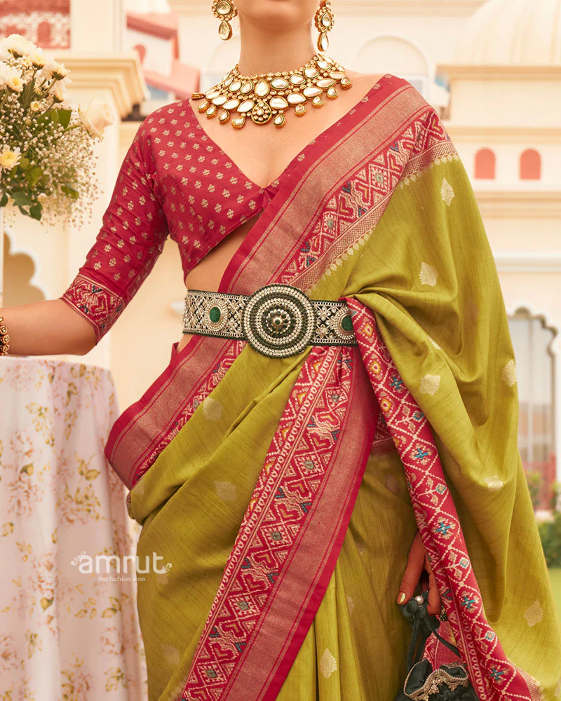 Olive Green & Rani Pink Patola Silk Saree with Traditional Woven Border - Image 3
