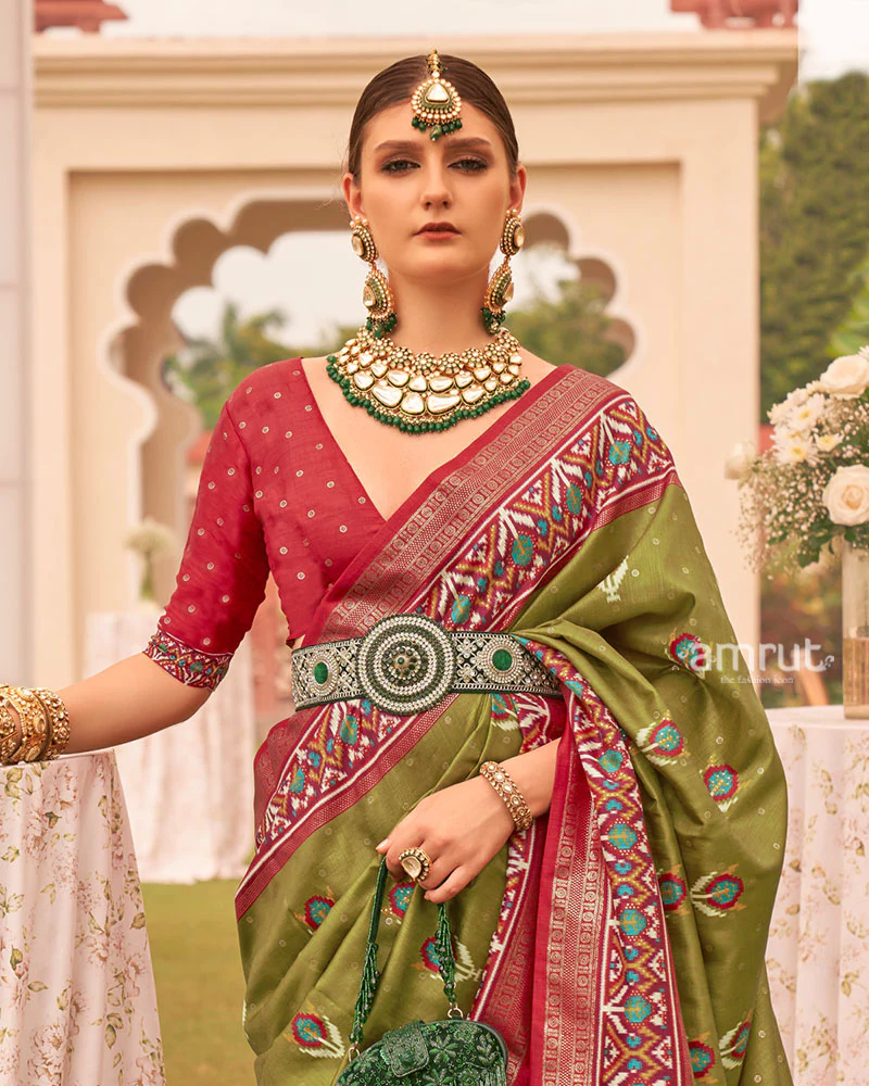 Olive Green and Red Printed Patola Silk Saree with Zari Border and Unstitched Blouse - Image 2