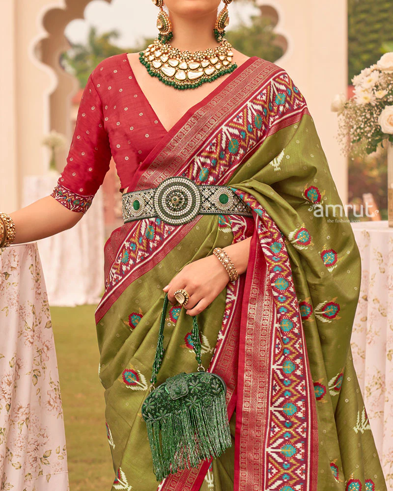 Olive Green and Red Printed Patola Silk Saree with Zari Border and Unstitched Blouse - Image 3