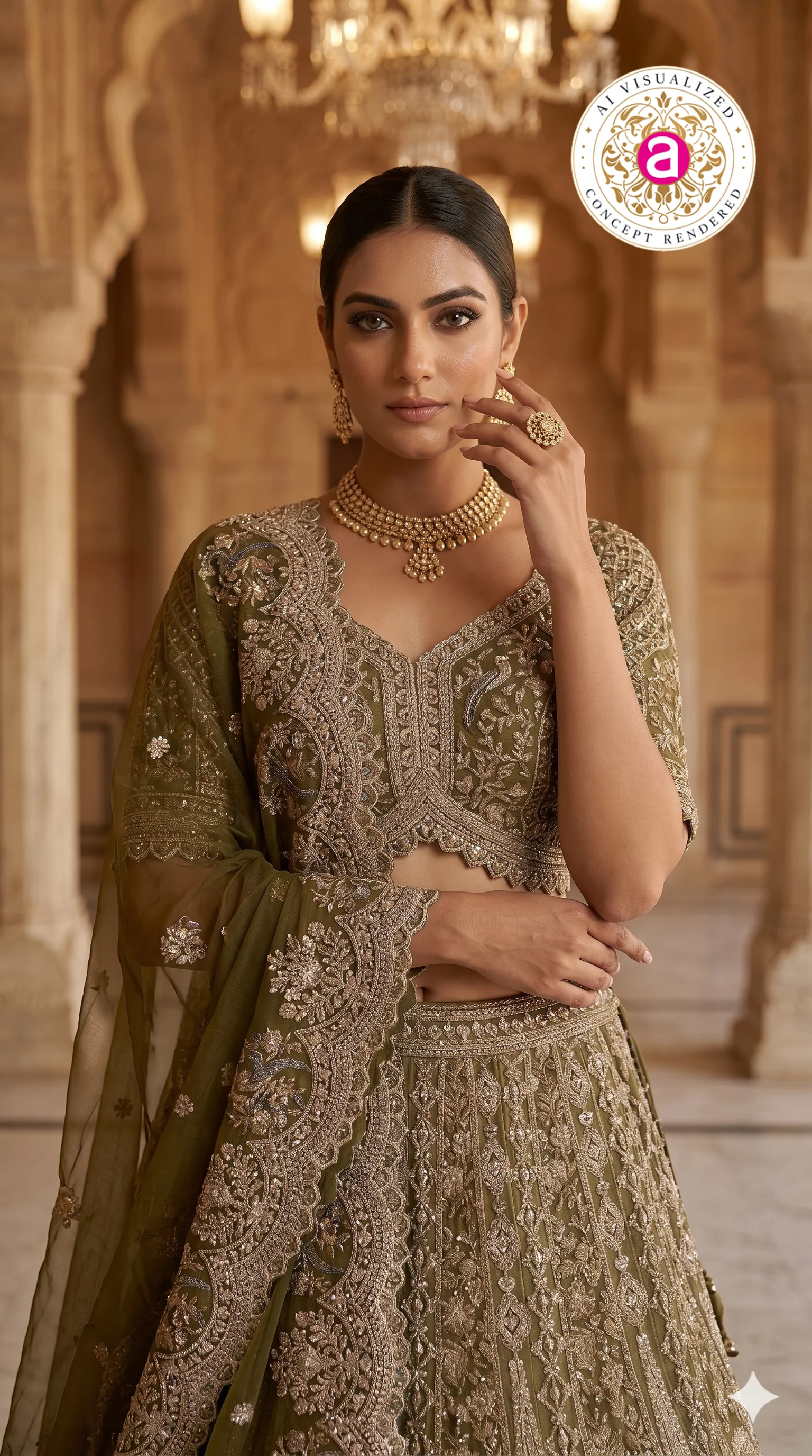 Olive Green Designer Bridal Lehenga Set with Heavy Embroidery & Elegant Dupatta - Image 2
