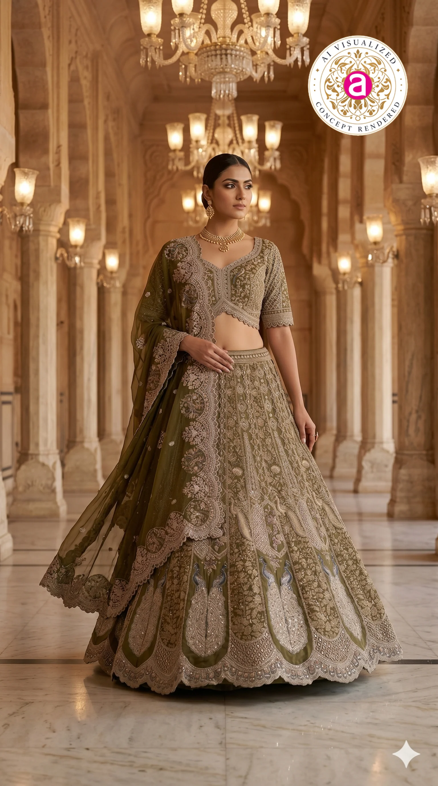 Olive Green Designer Bridal Lehenga Set with Heavy Embroidery & Elegant Dupatta - Image 3