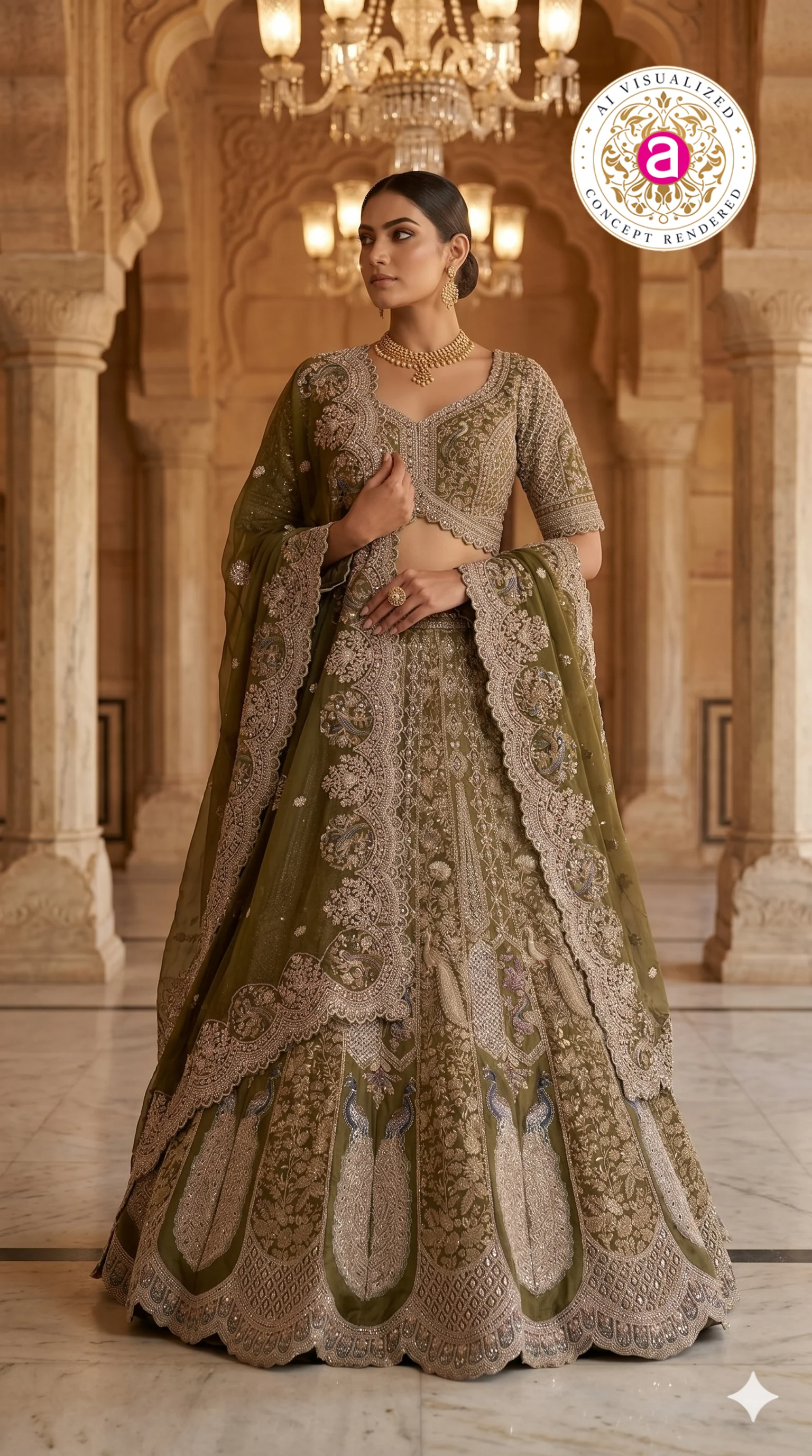 Olive Green Designer Bridal Lehenga Set with Heavy Embroidery & Elegant Dupatta - Image 4