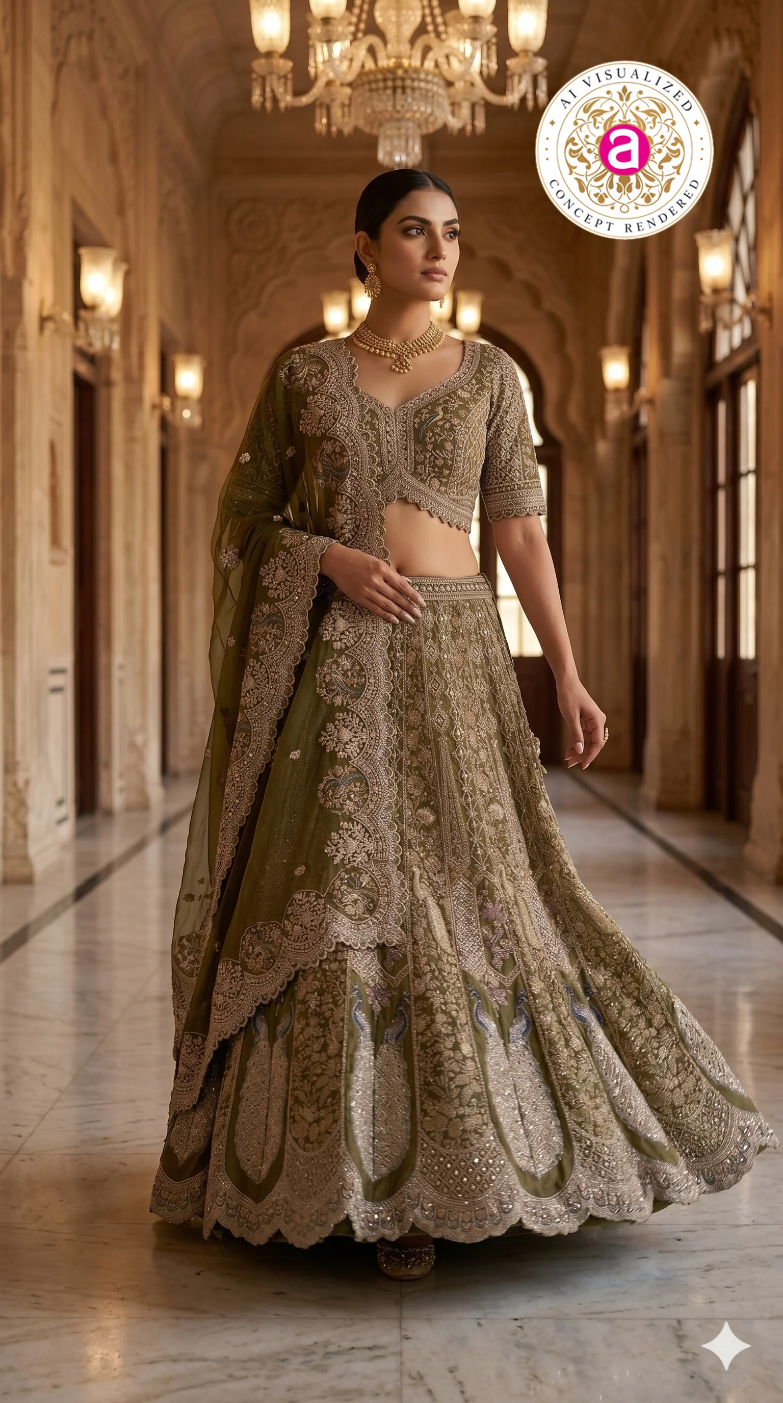 Olive Green Designer Bridal Lehenga Set with Heavy Embroidery & Elegant Dupatta - Image 5