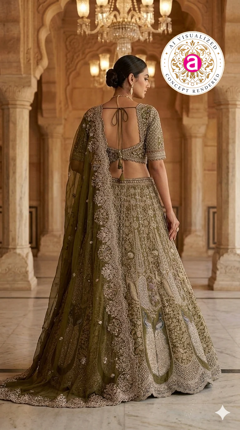 Olive Green Designer Bridal Lehenga Set with Heavy Embroidery & Elegant Dupatta - Image 6