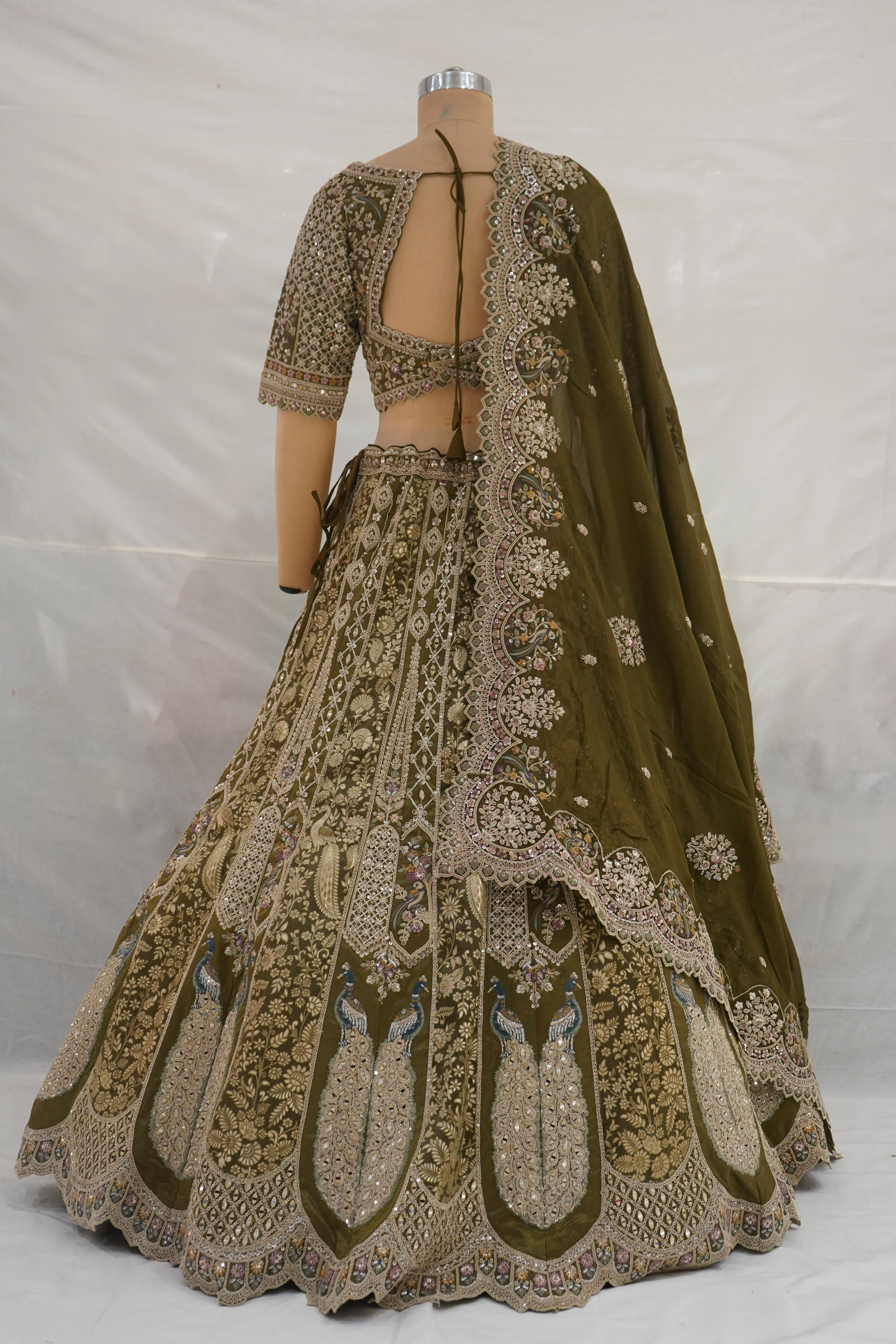 Olive Green Designer Bridal Lehenga Set with Heavy Embroidery & Elegant Dupatta - Image 7