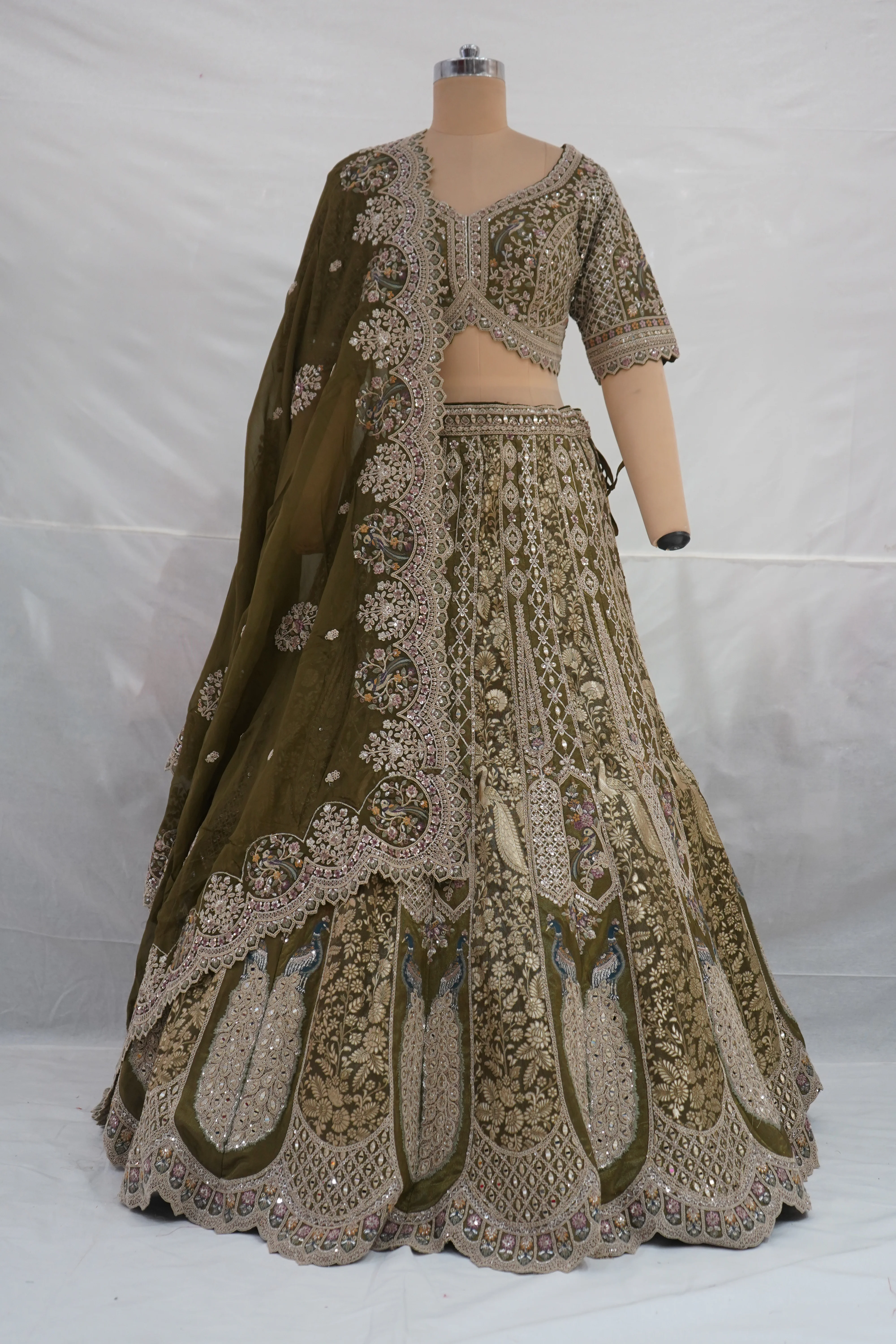 Olive Green Designer Bridal Lehenga Set with Heavy Embroidery & Elegant Dupatta - Image 8
