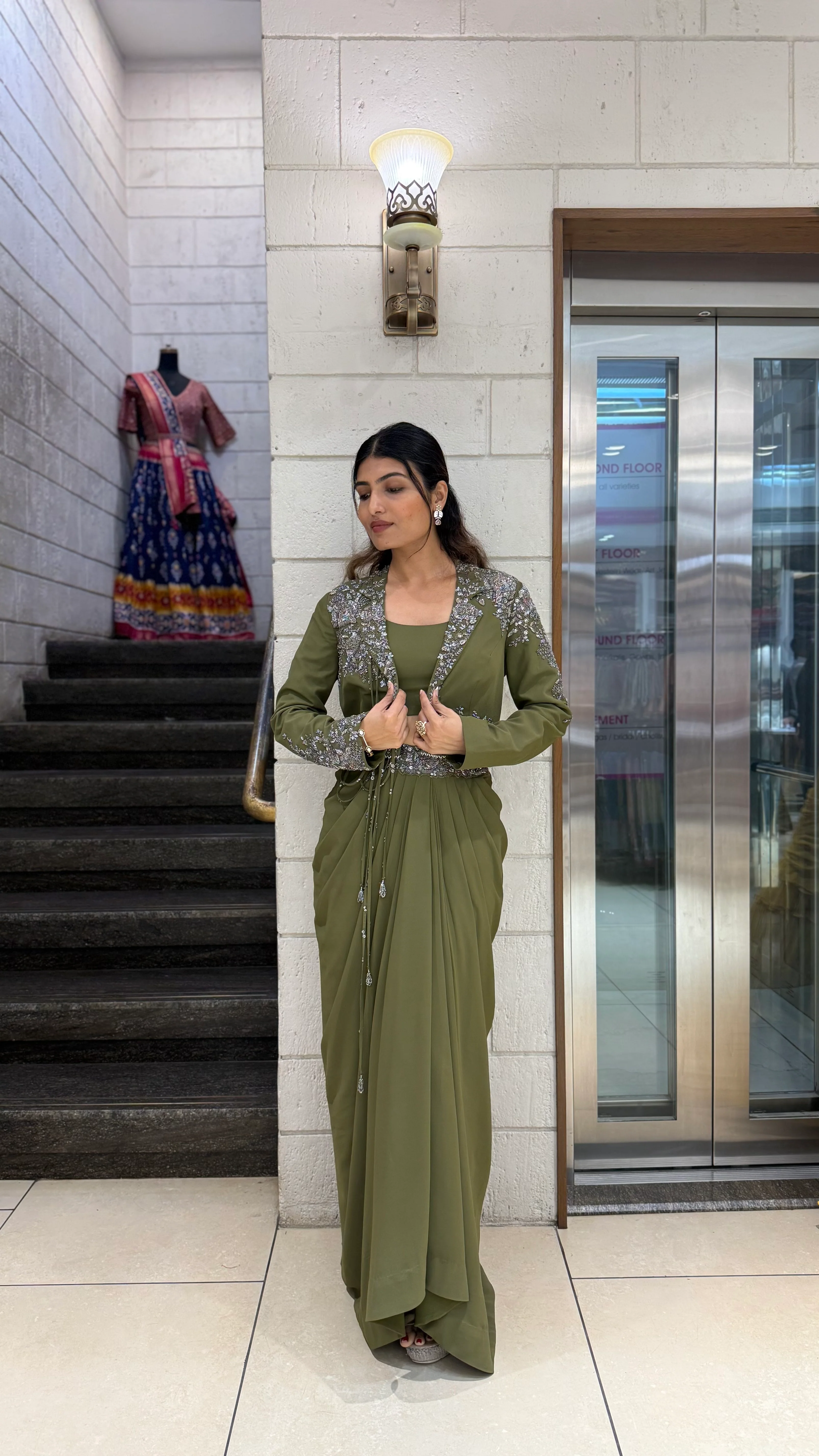 Olive Green Designer Draped Skirt Set with Embellished Jacket - Image 3
