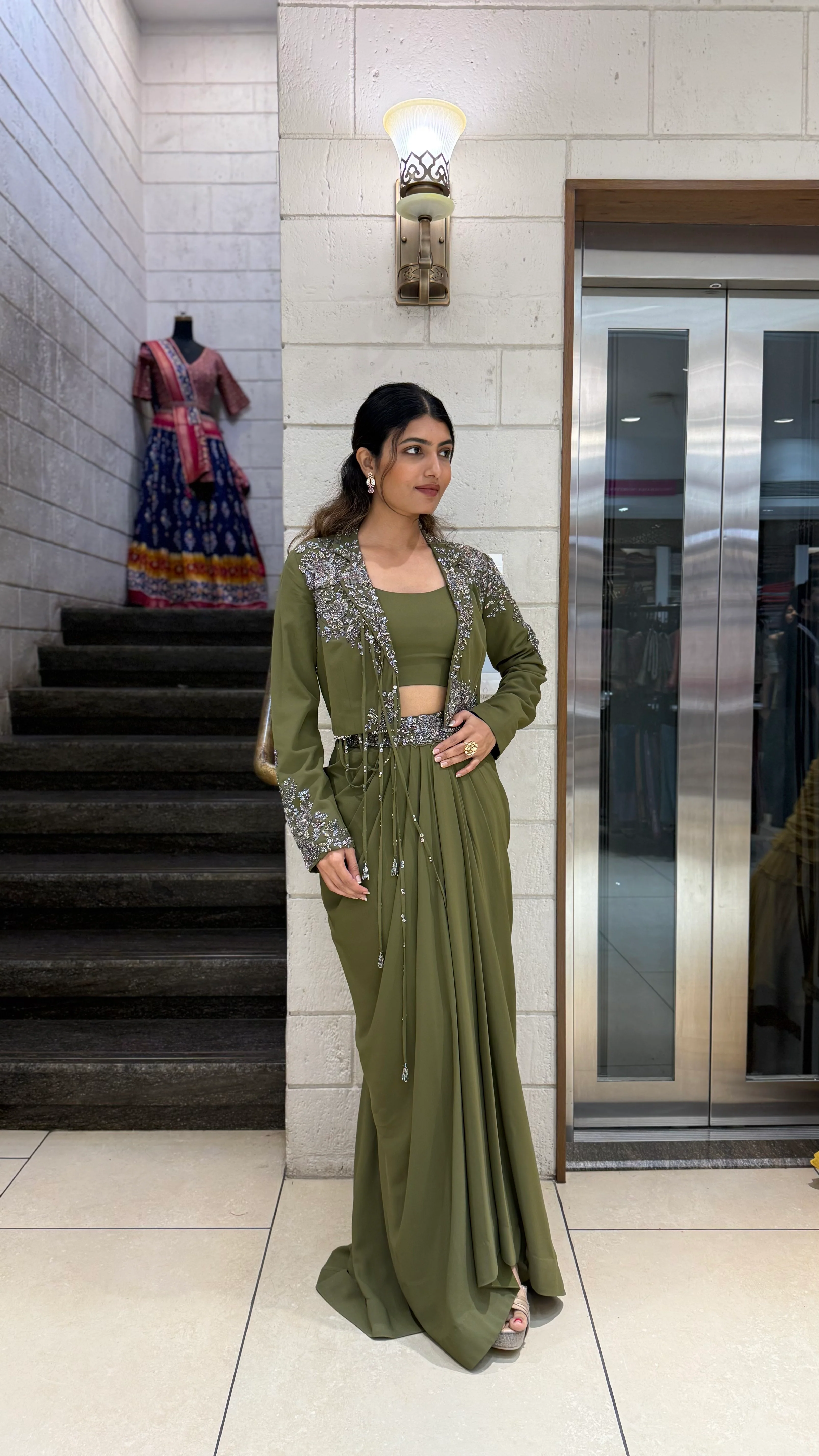 Olive Green Designer Draped Skirt Set with Embellished Jacket - Image 4