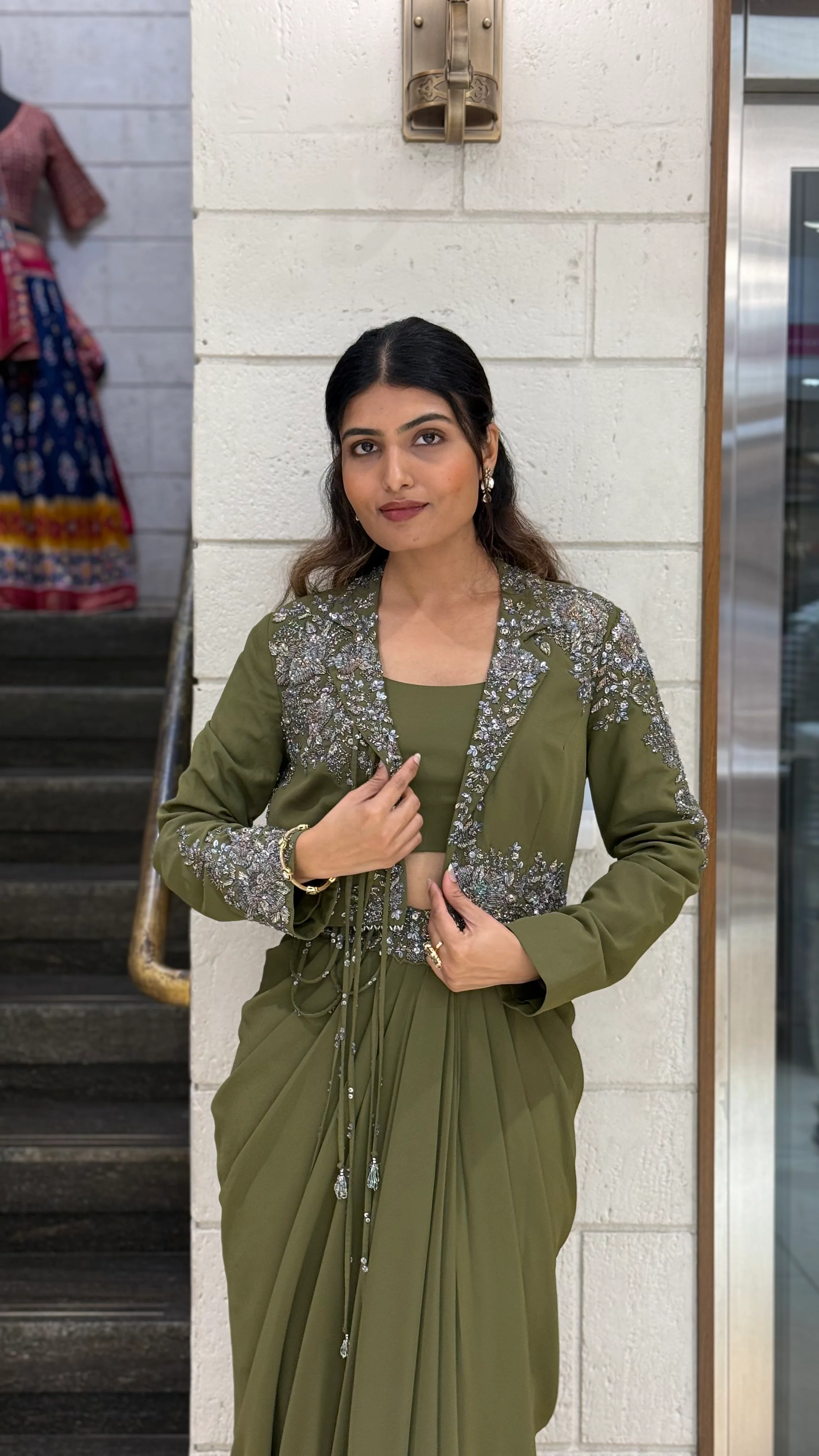 Olive Green Designer Draped Skirt Set with Embellished Jacket - Image 5