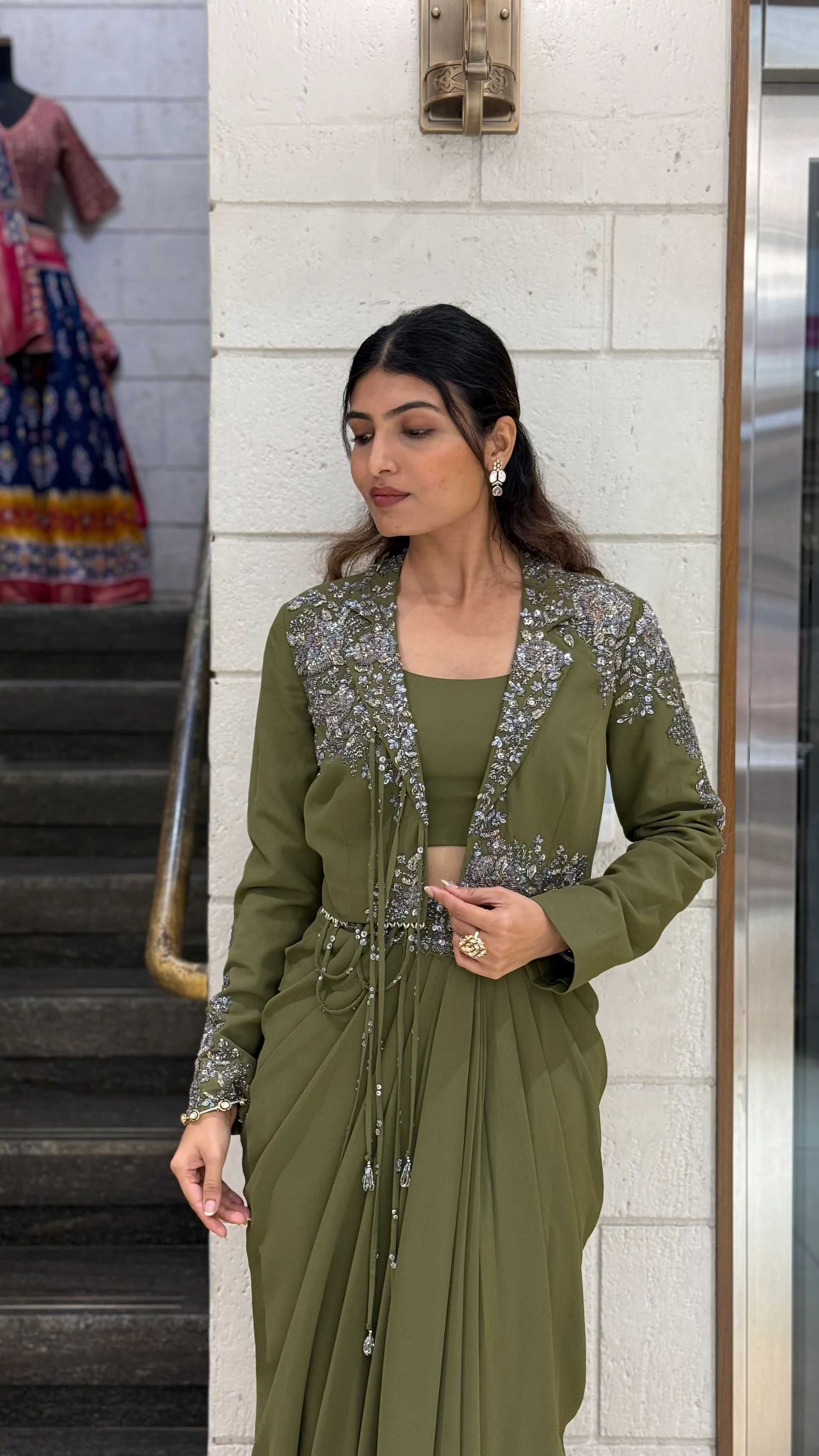 Olive Green Designer Draped Skirt Set with Embellished Jacket - Image 6