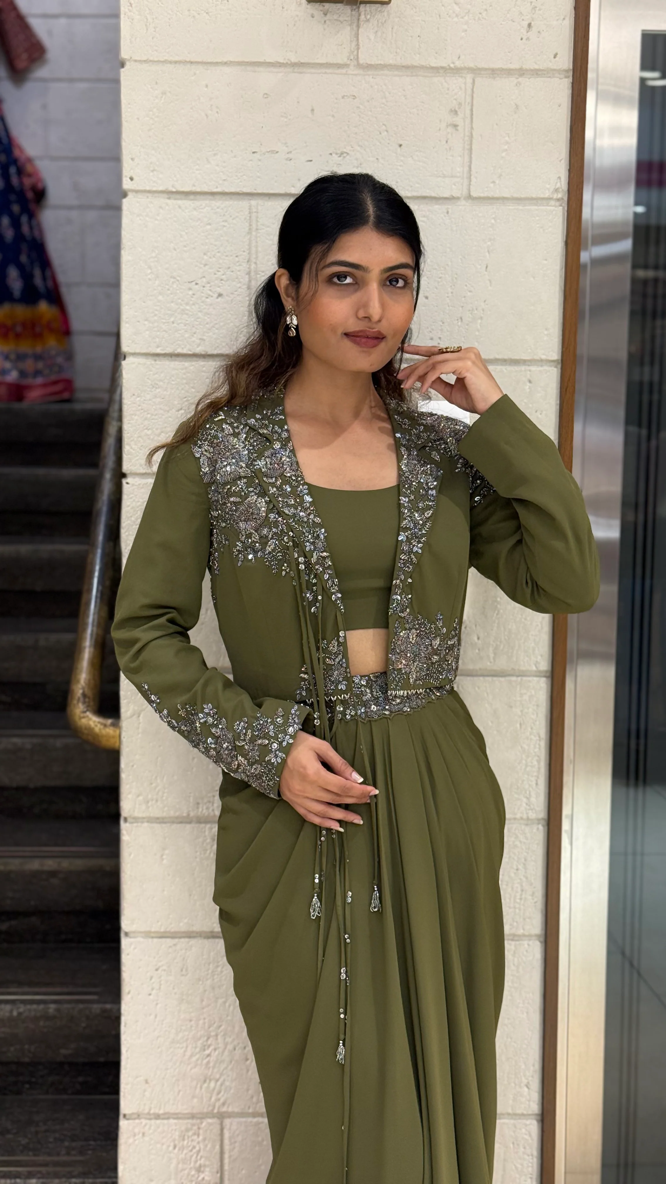 Olive Green Designer Draped Skirt Set with Embellished Jacket - Image 7