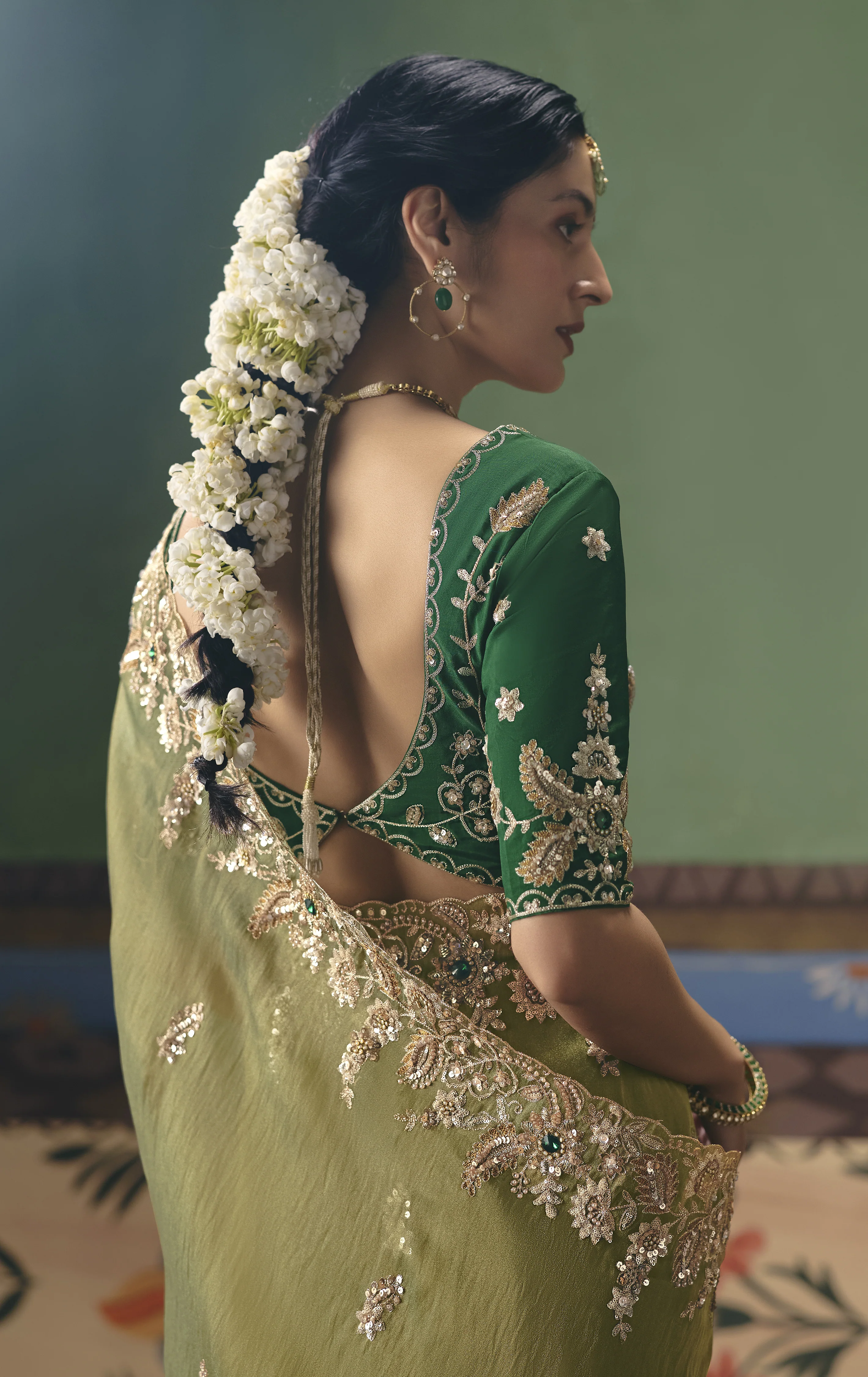 Olive Green Designer Embroidered Saree with Blouse - Image 2