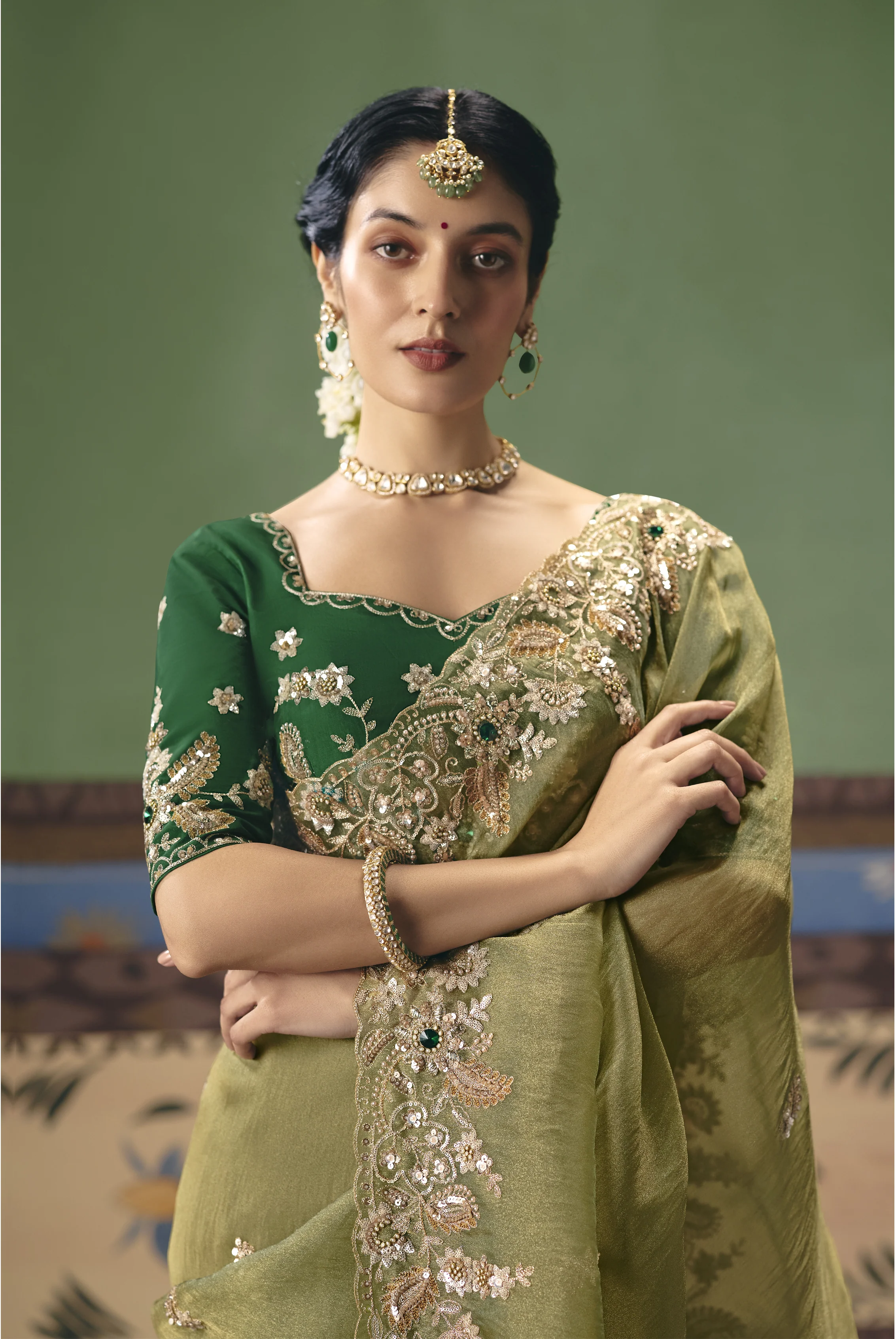 Olive Green Designer Embroidered Saree with Blouse - Image 3