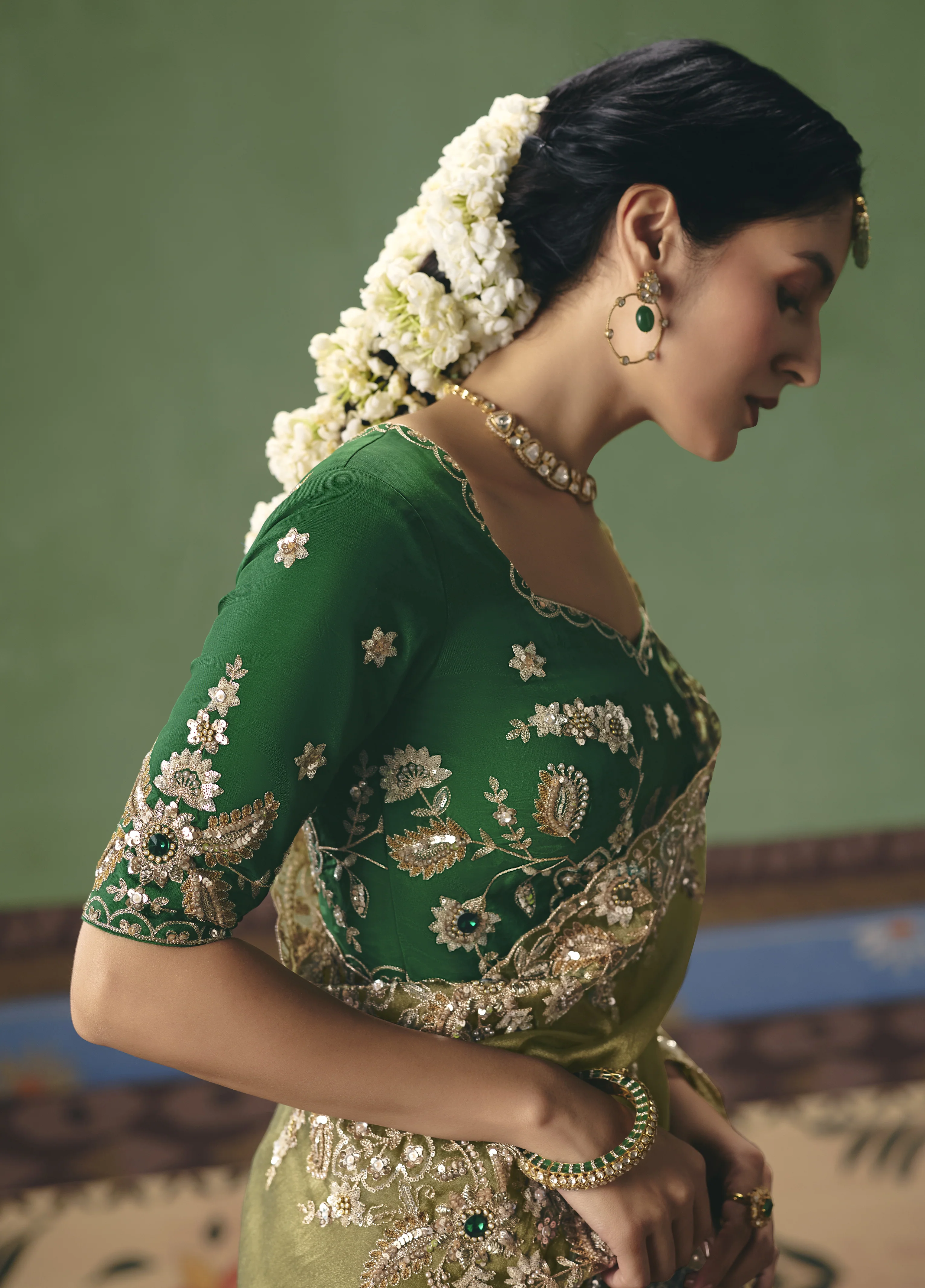 Olive Green Designer Embroidered Saree with Blouse - Image 4