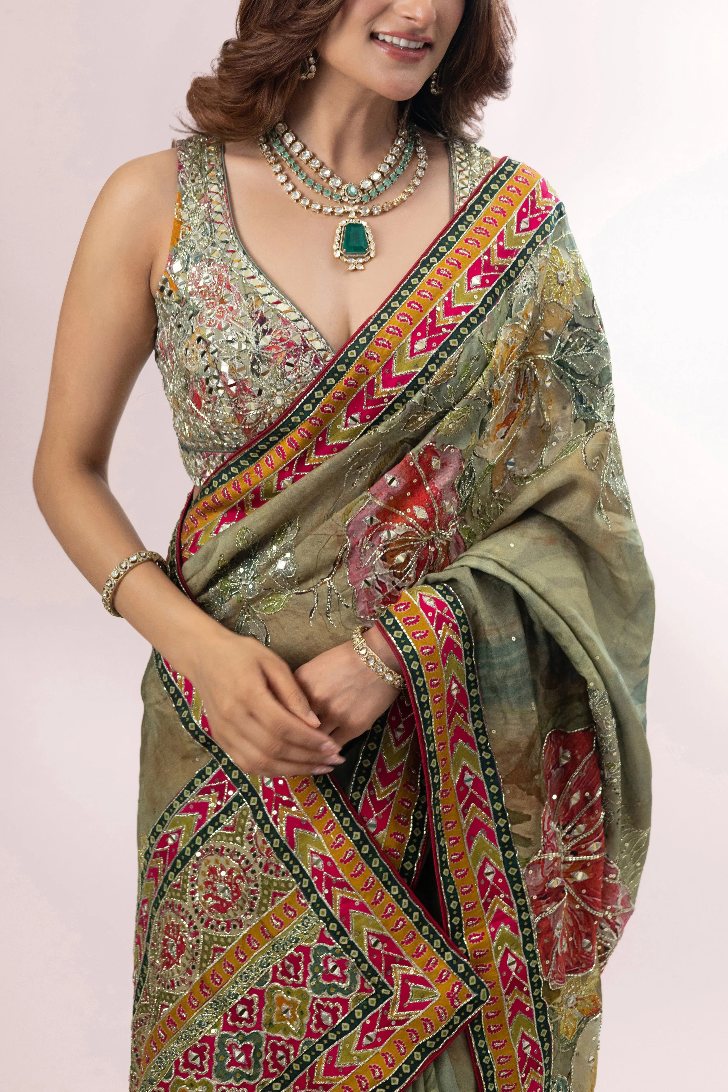 Olive Green Designer Printed Saree with Embroidered Border - Image 2