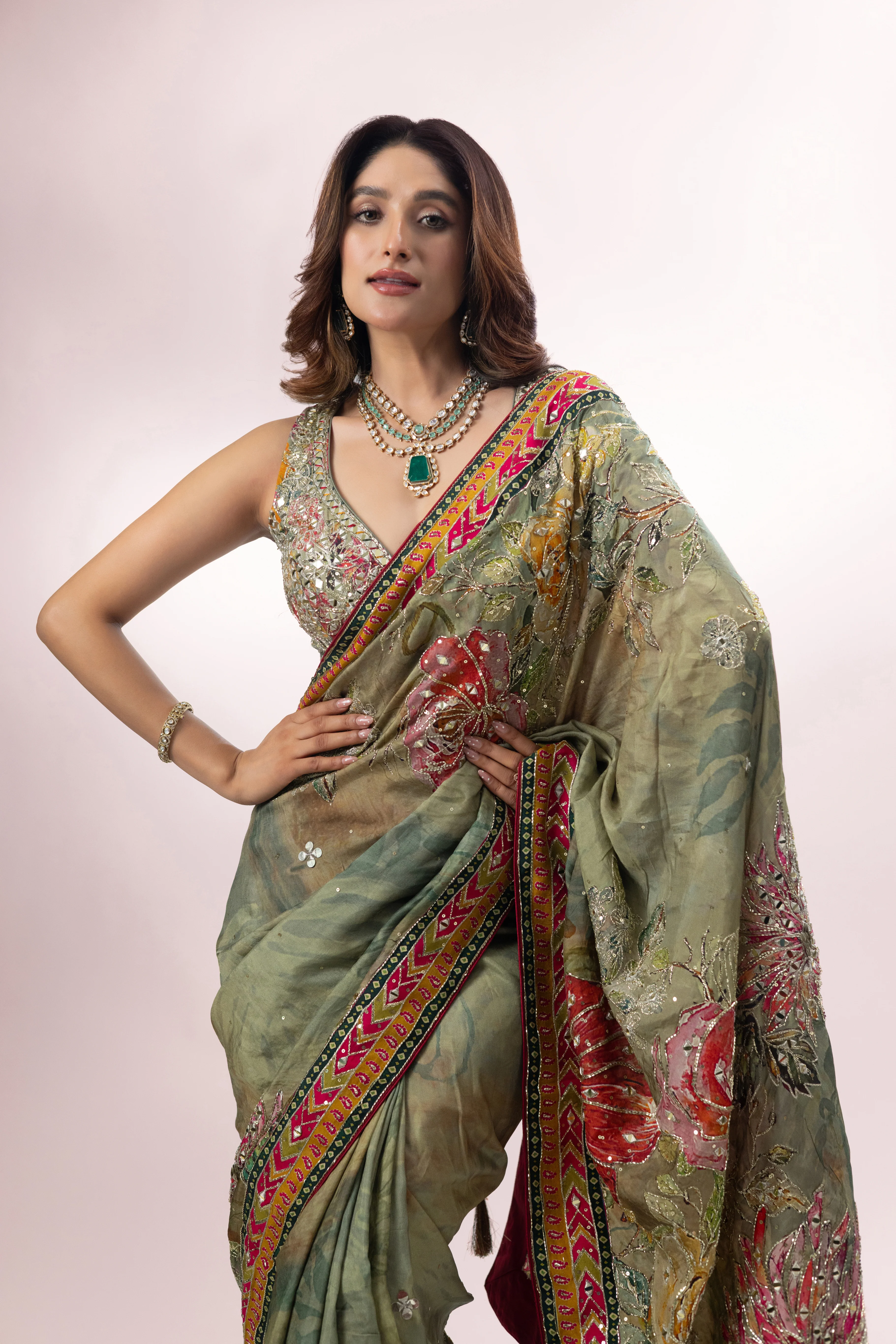 Olive Green Designer Printed Saree with Embroidered Border - Image 3