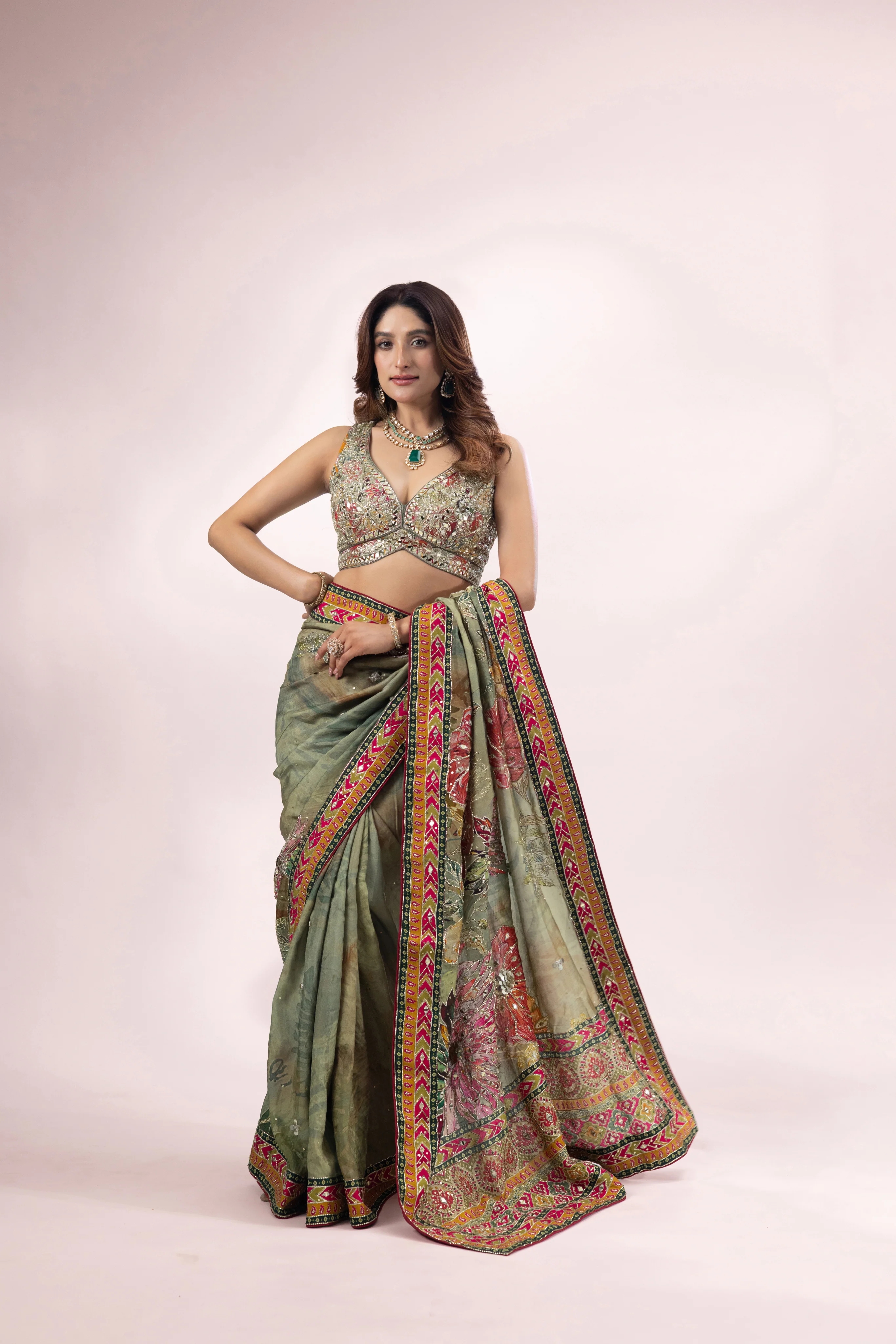 Olive Green Designer Printed Saree with Embroidered Border - Image 4