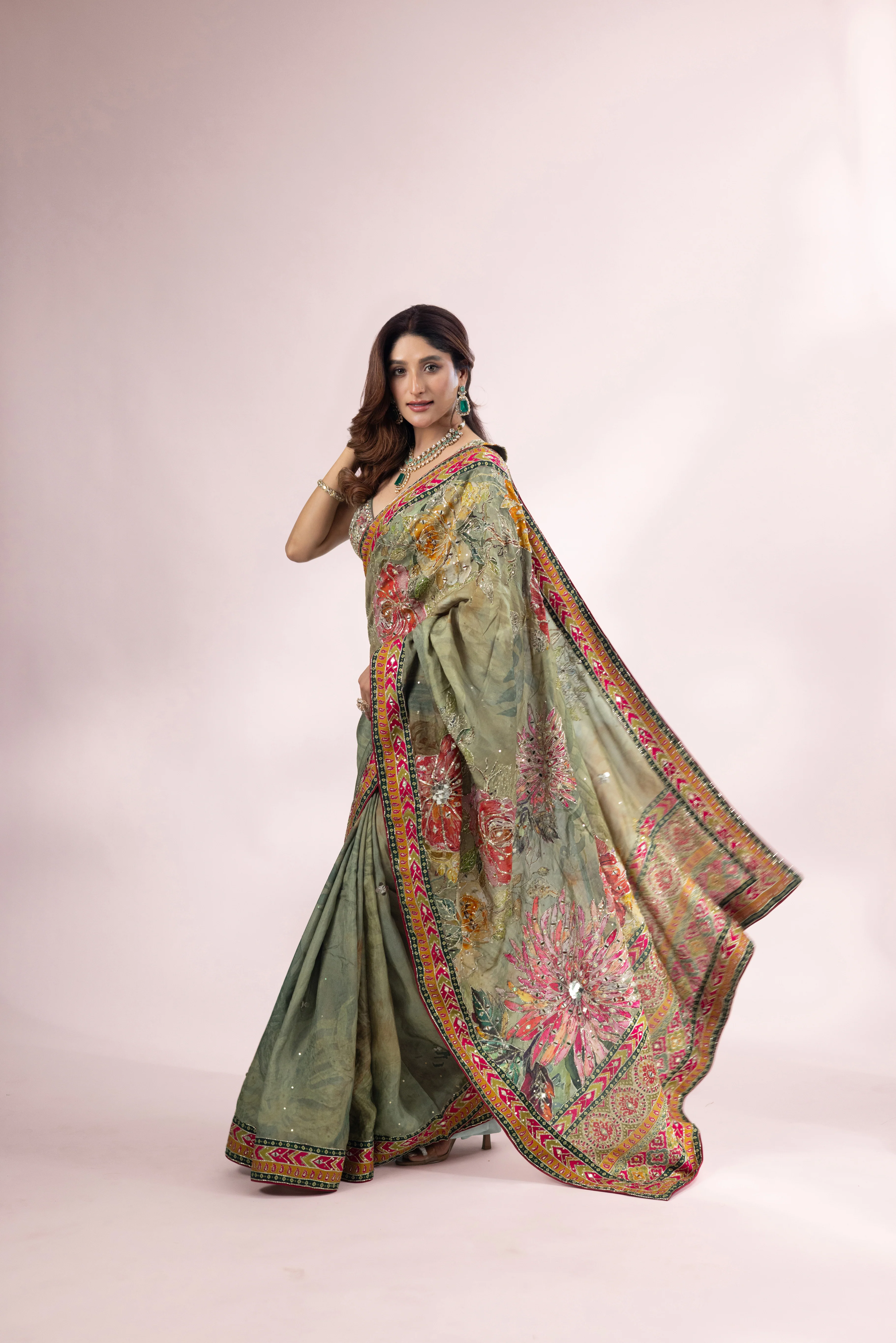 Olive Green Designer Printed Saree with Embroidered Border - Image 5