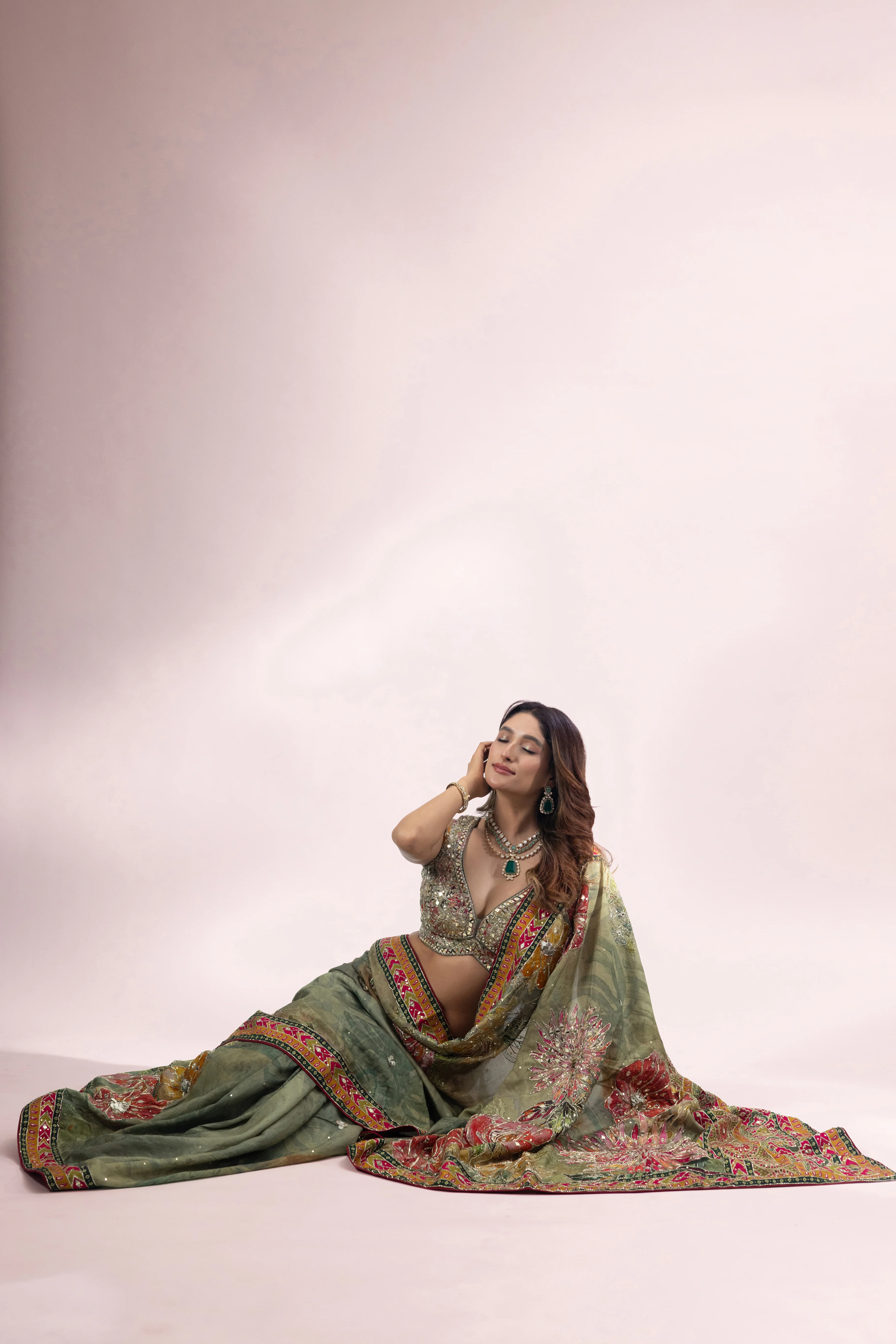 Olive Green Designer Printed Saree with Embroidered Border - Image 6