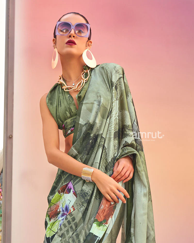 Olive Green Digital Print Satin Saree with Unstitched Blouse - Image 2