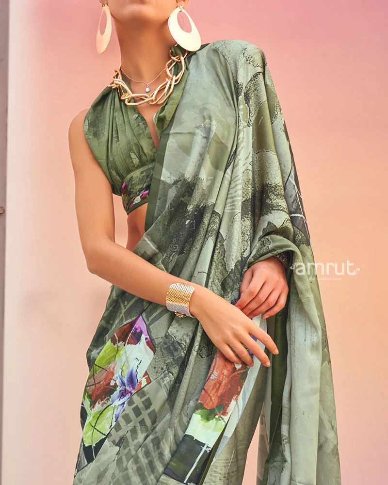 Olive Green Digital Print Satin Saree with Unstitched Blouse - Image 3
