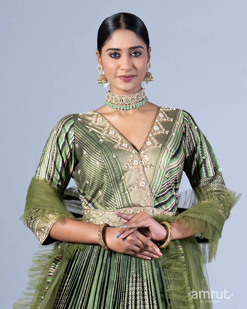 Olive Green Embellished Pleated Gown with Dupatta - Image 2