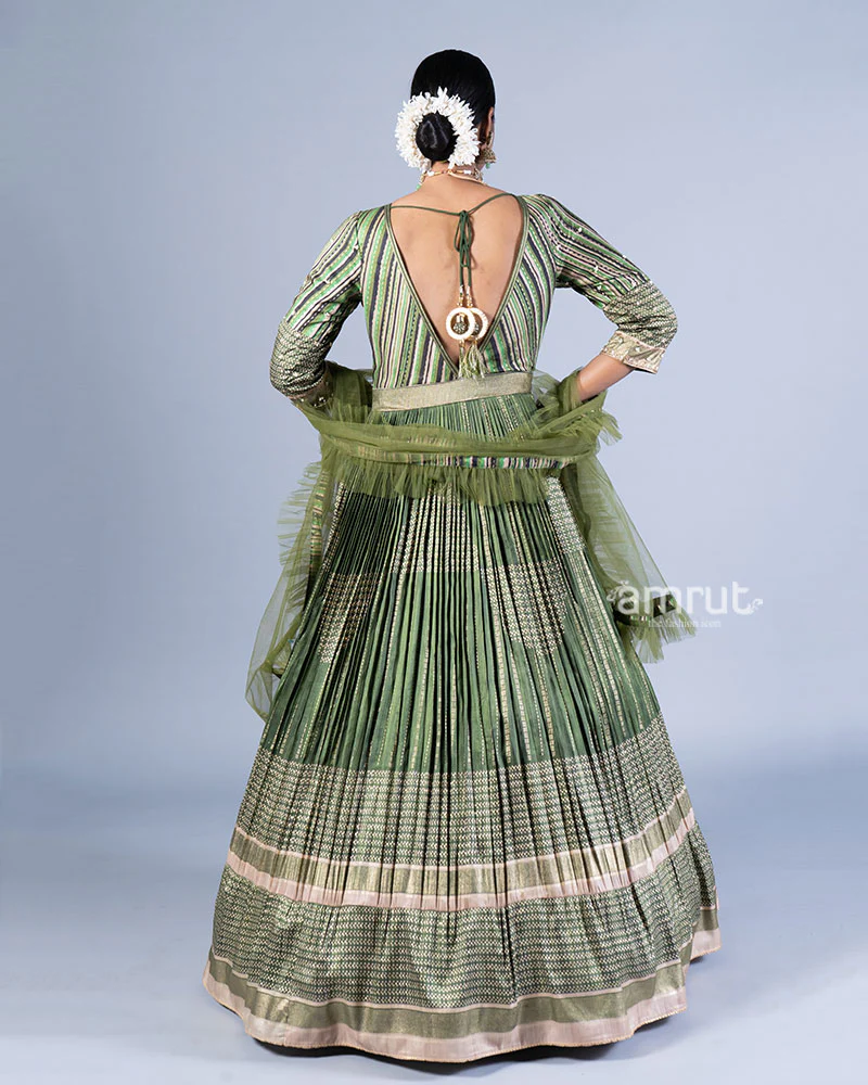 Olive Green Embellished Pleated Gown with Dupatta - Image 3