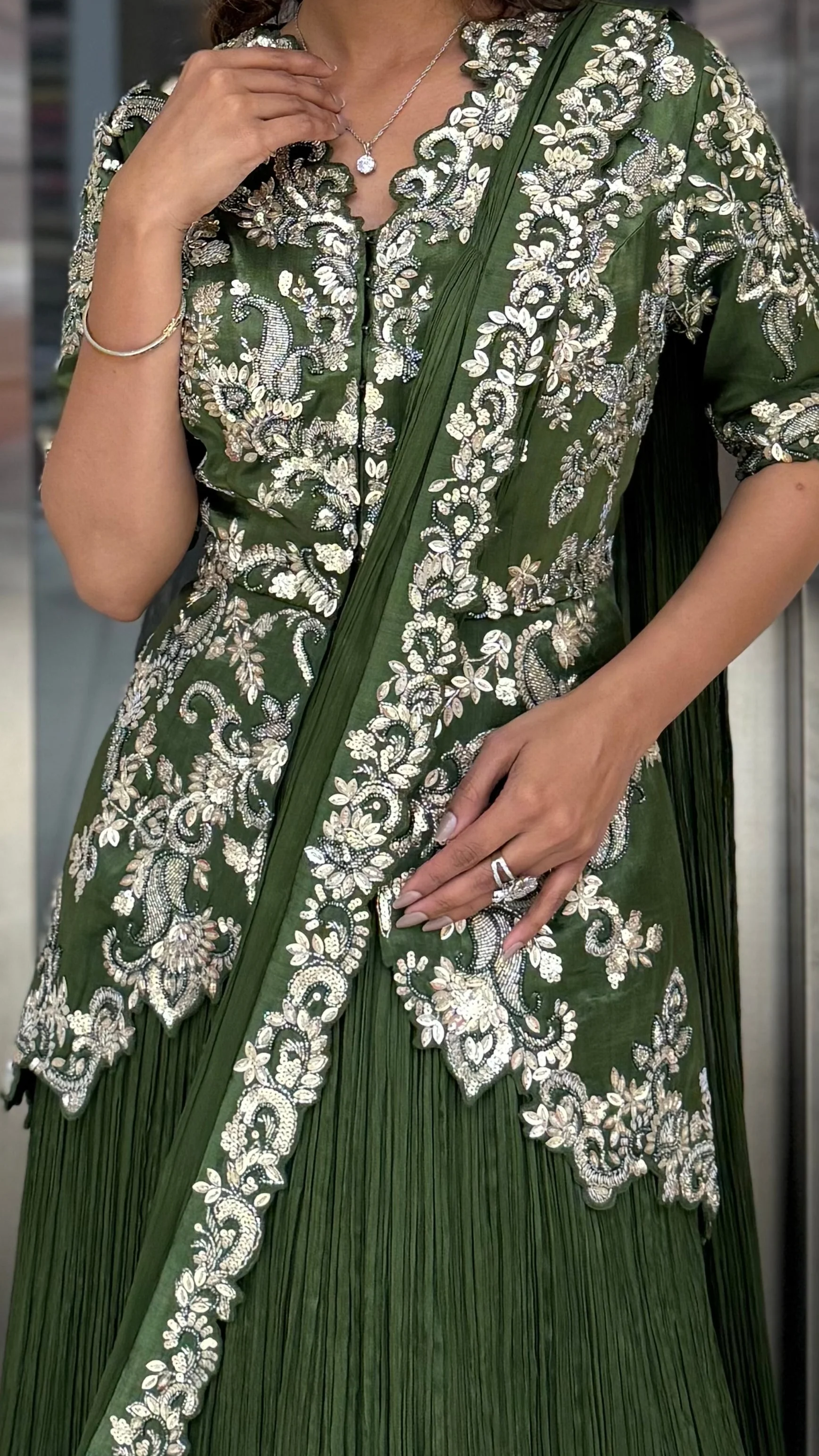 Olive Green Embroidered Anarkali Gown with Elegant Floral Handwork - Image 2