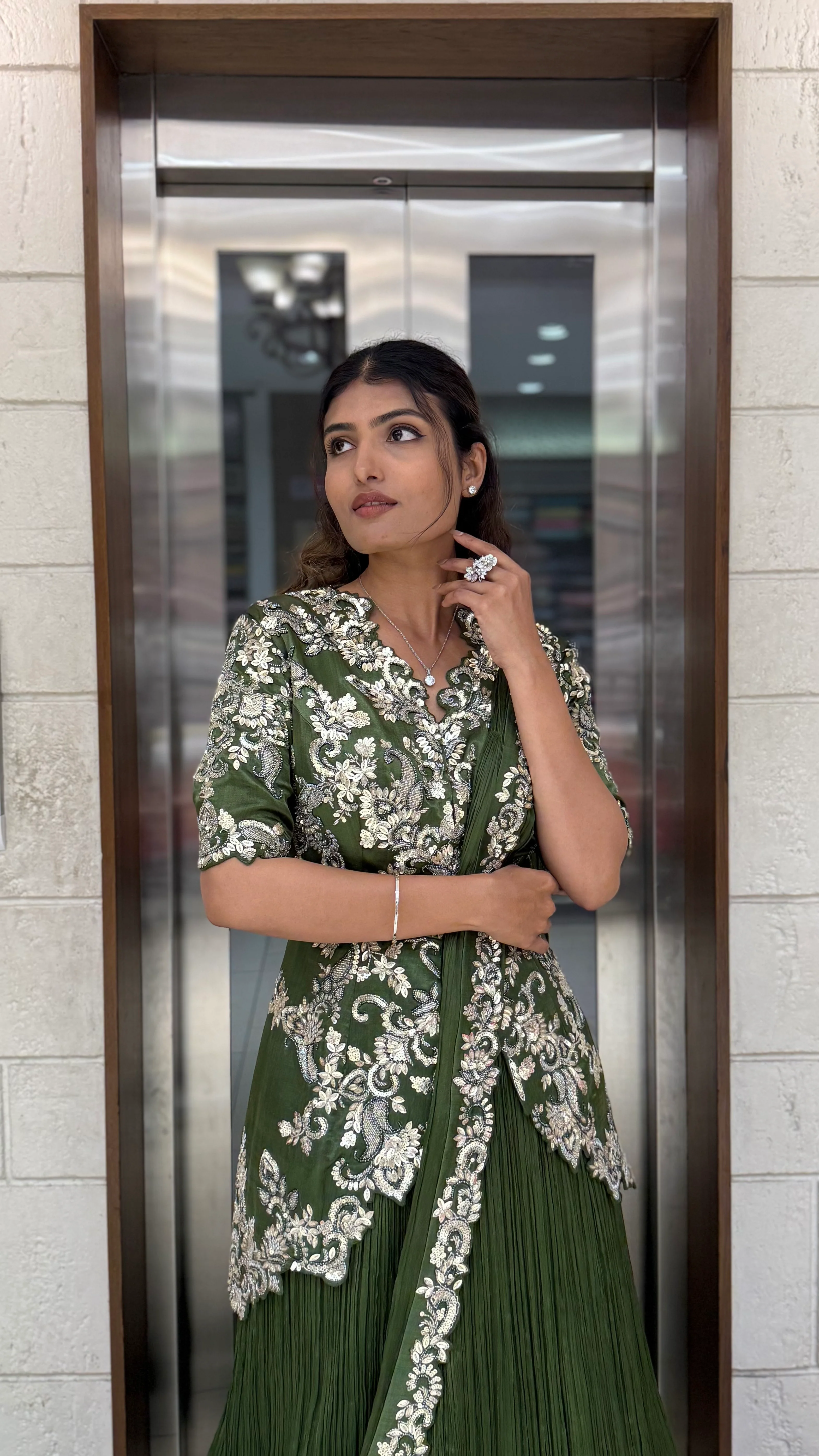 Olive Green Embroidered Anarkali Gown with Elegant Floral Handwork - Image 3