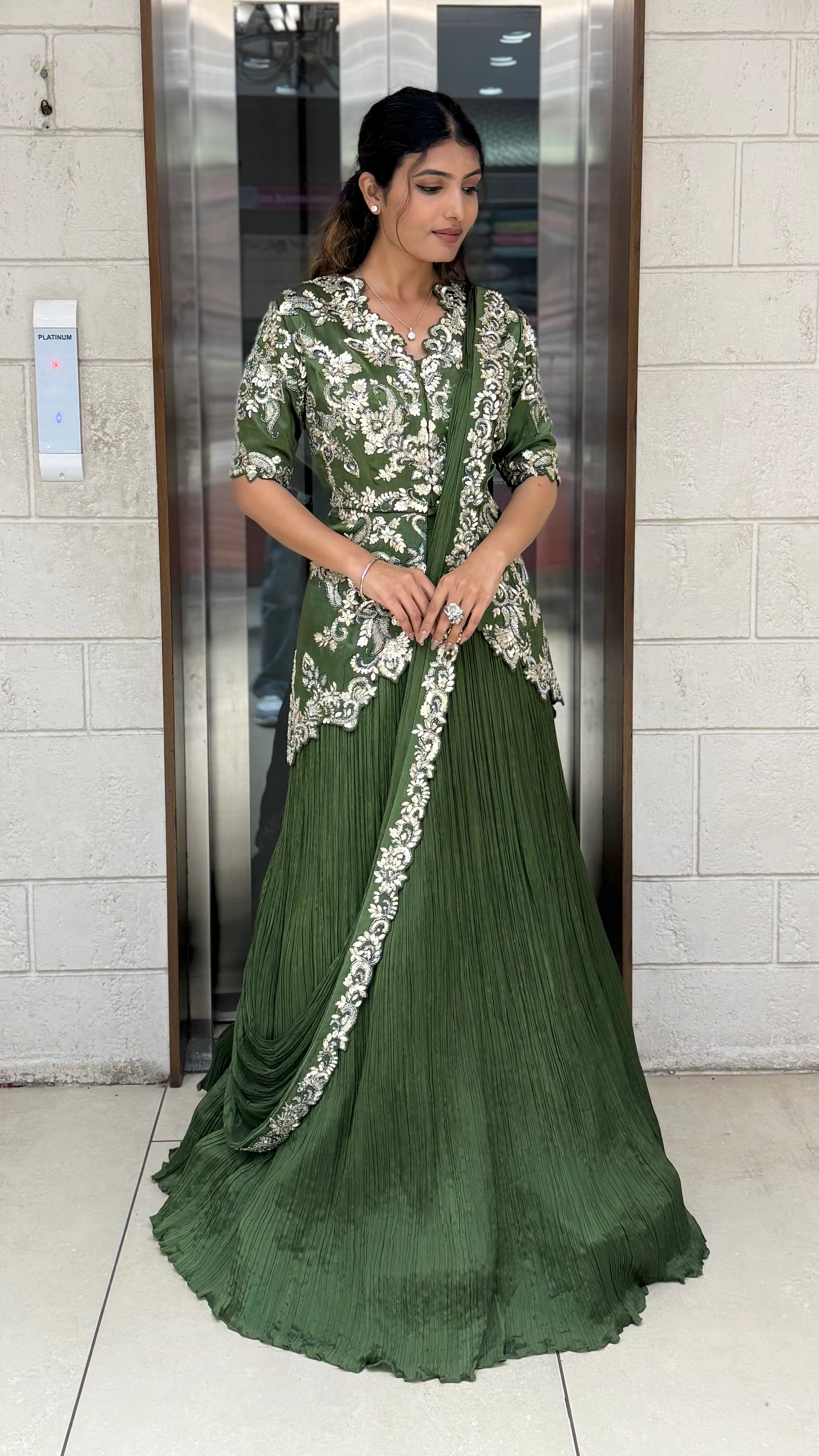 Olive Green Embroidered Anarkali Gown with Elegant Floral Handwork - Image 4