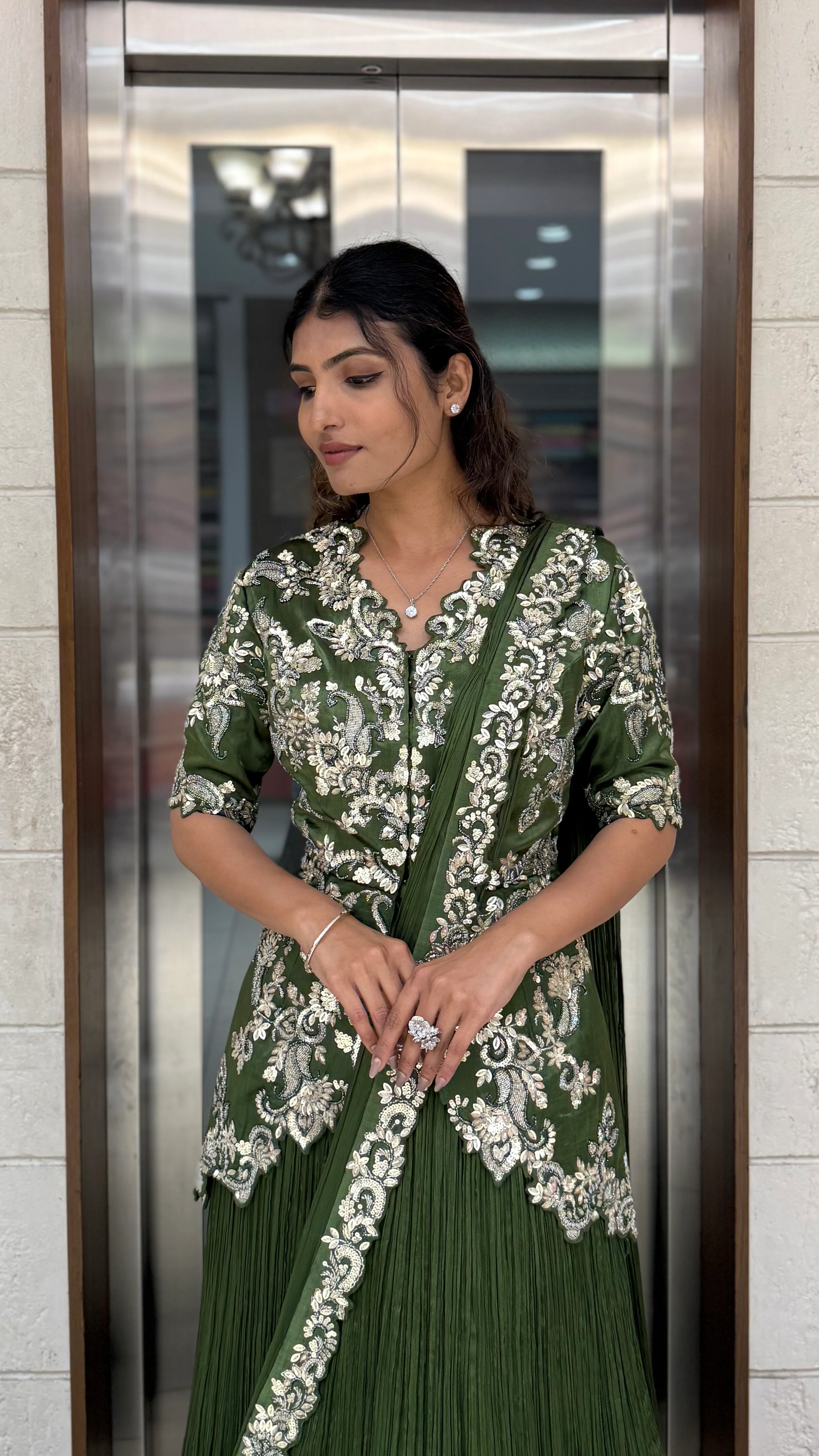 Olive Green Embroidered Anarkali Gown with Elegant Floral Handwork - Image 5