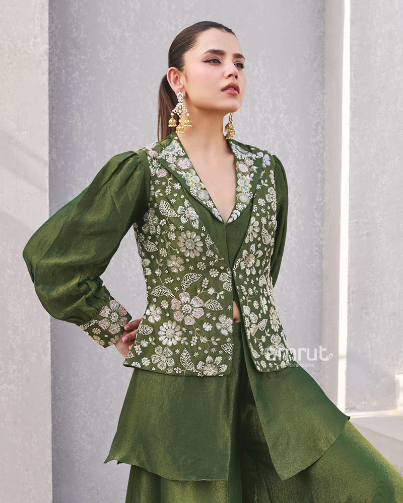 Olive Green Embroidered Co-Ord Set with Puff Sleeves - Image 2