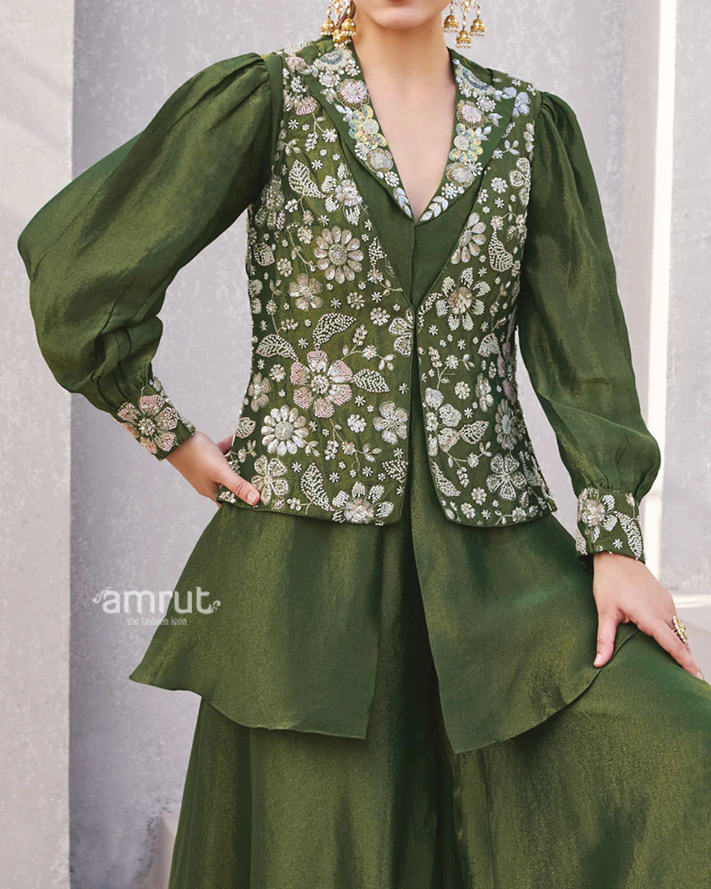 Olive Green Embroidered Co-Ord Set with Puff Sleeves - Image 3