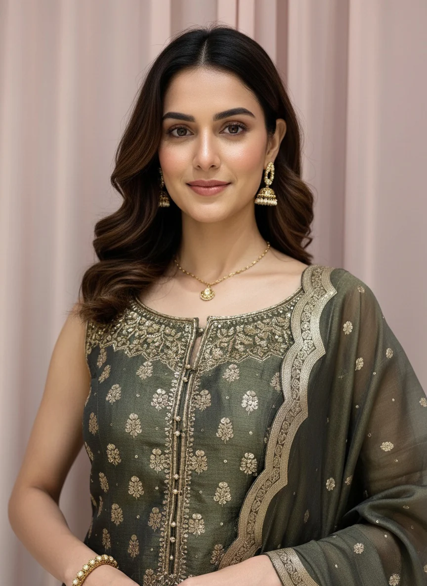 Olive Green Embroidered Top with Flared Lehenga & Scalloped Dupatta Set - Image 4