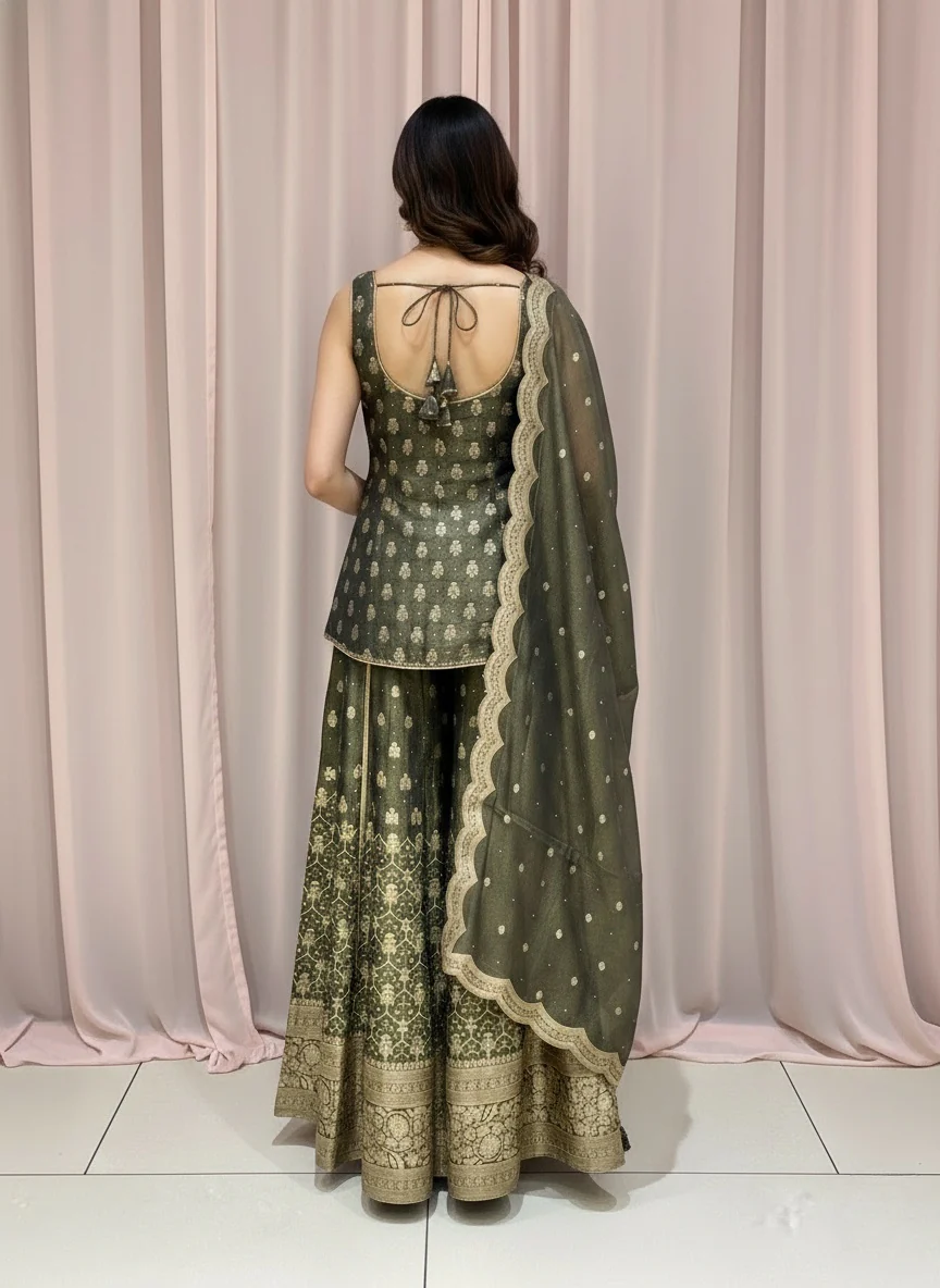 Olive Green Embroidered Top with Flared Lehenga & Scalloped Dupatta Set - Image 5