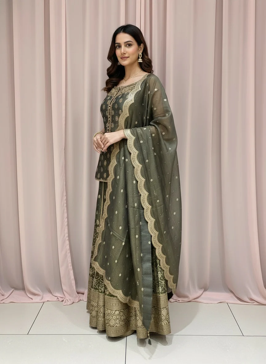 Olive Green Embroidered Top with Flared Lehenga & Scalloped Dupatta Set - Image 6