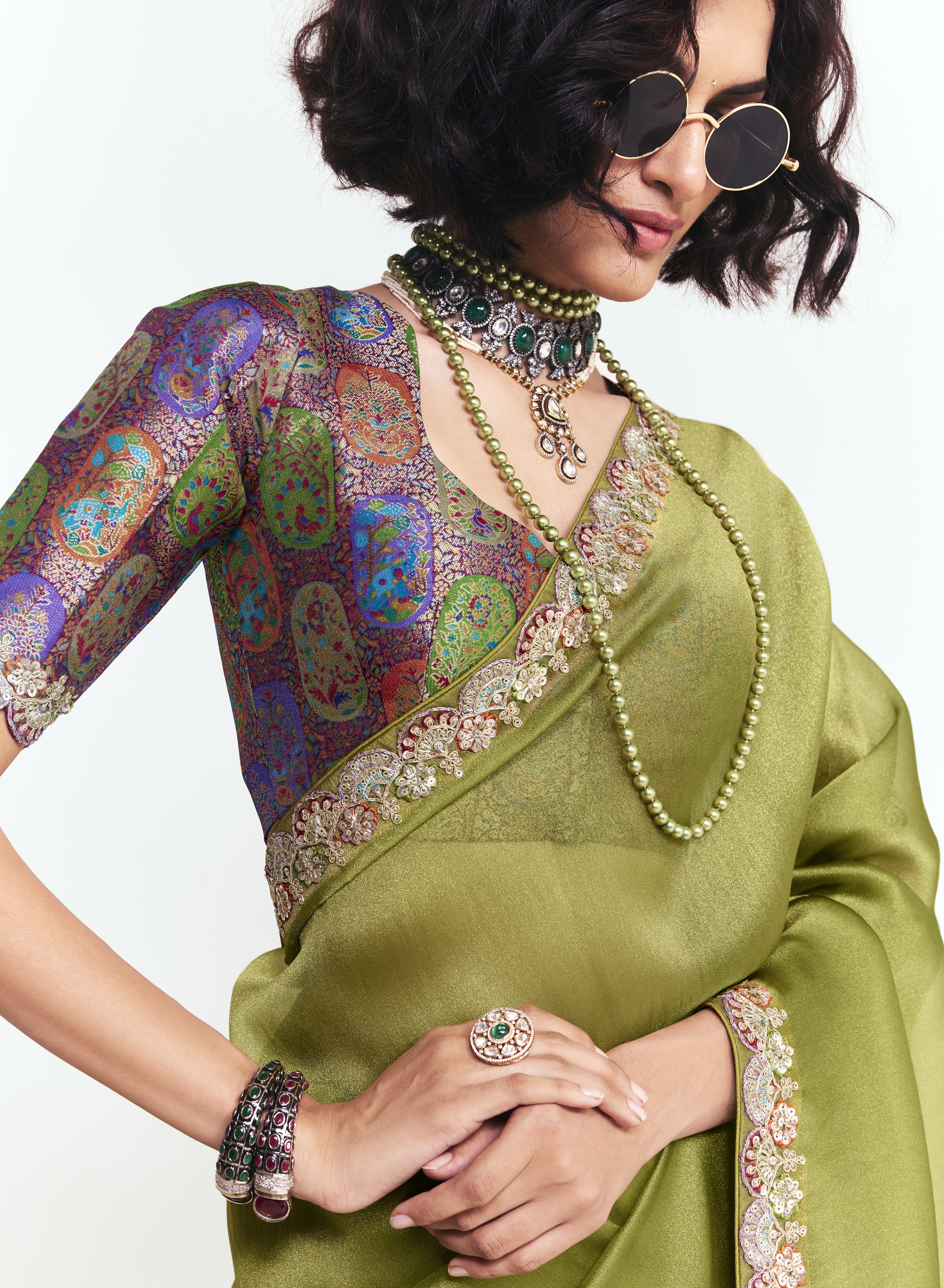 Olive Green Georgette Saree with Embroidered Border - Image 2