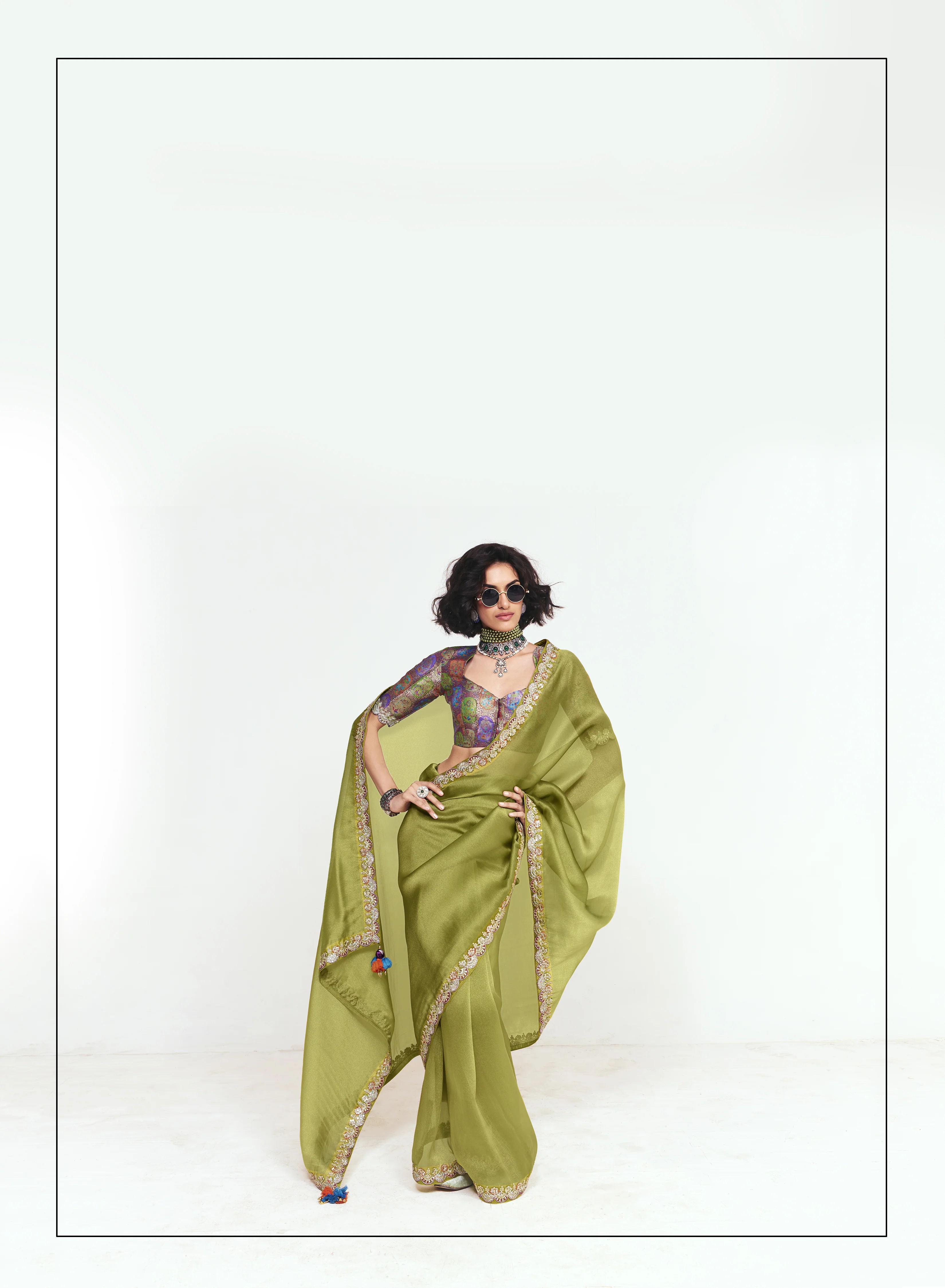 Olive Green Georgette Saree with Embroidered Border - Image 3