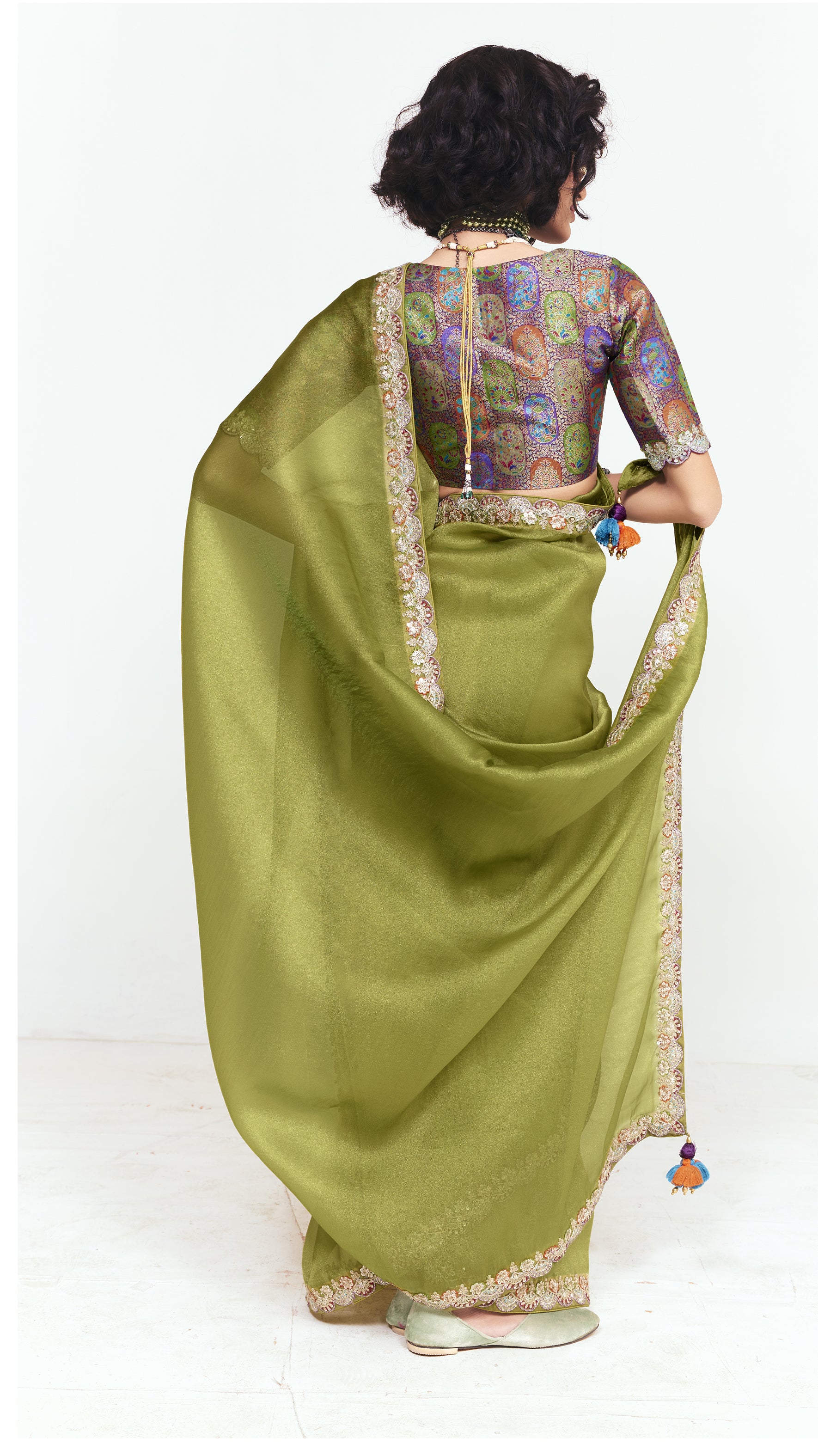 Olive Green Georgette Saree with Embroidered Border - Image 5