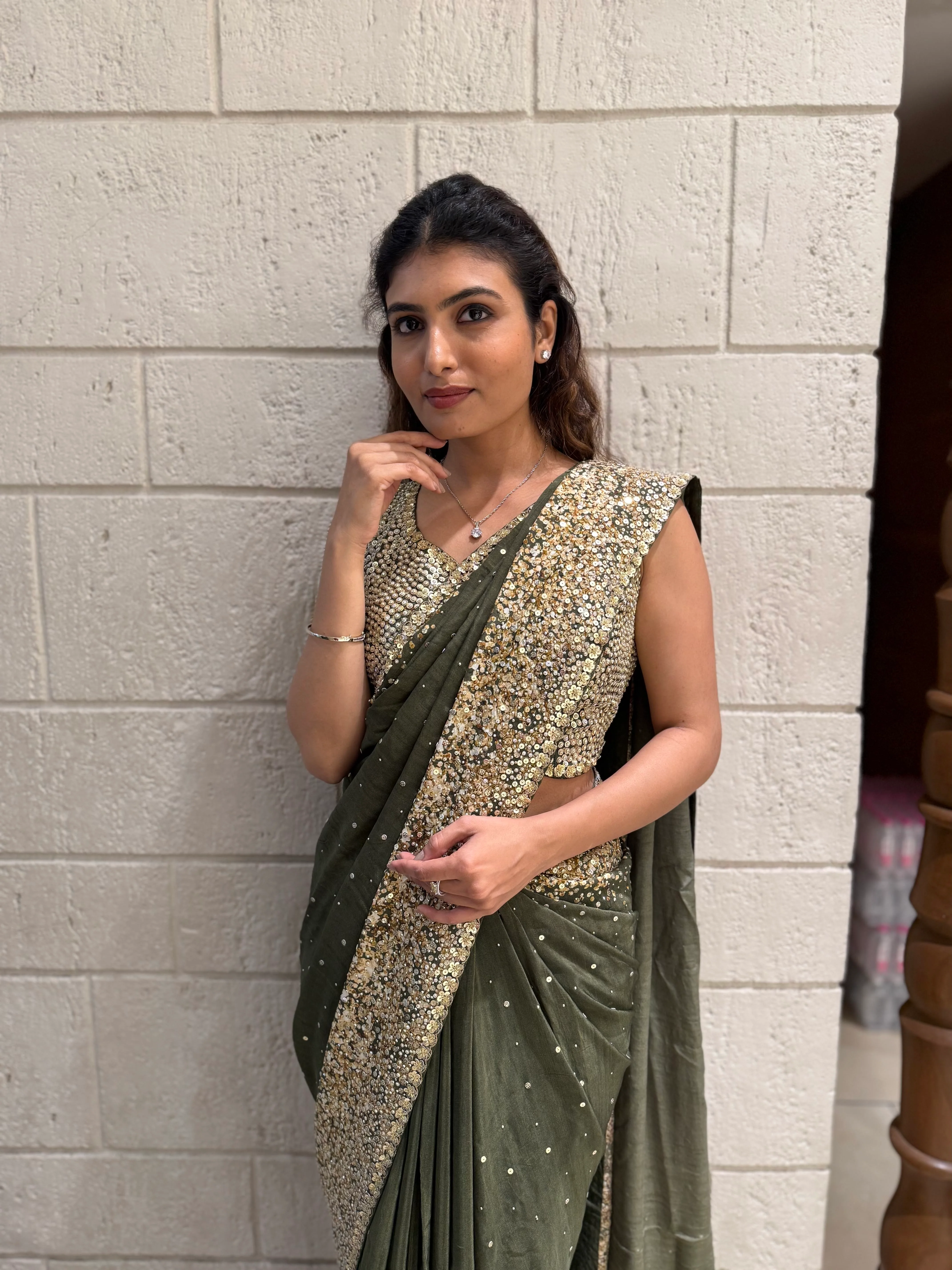 Olive Green Georgette Saree with Sequin and Pearl Embroidery – Elegant Party - Image 3