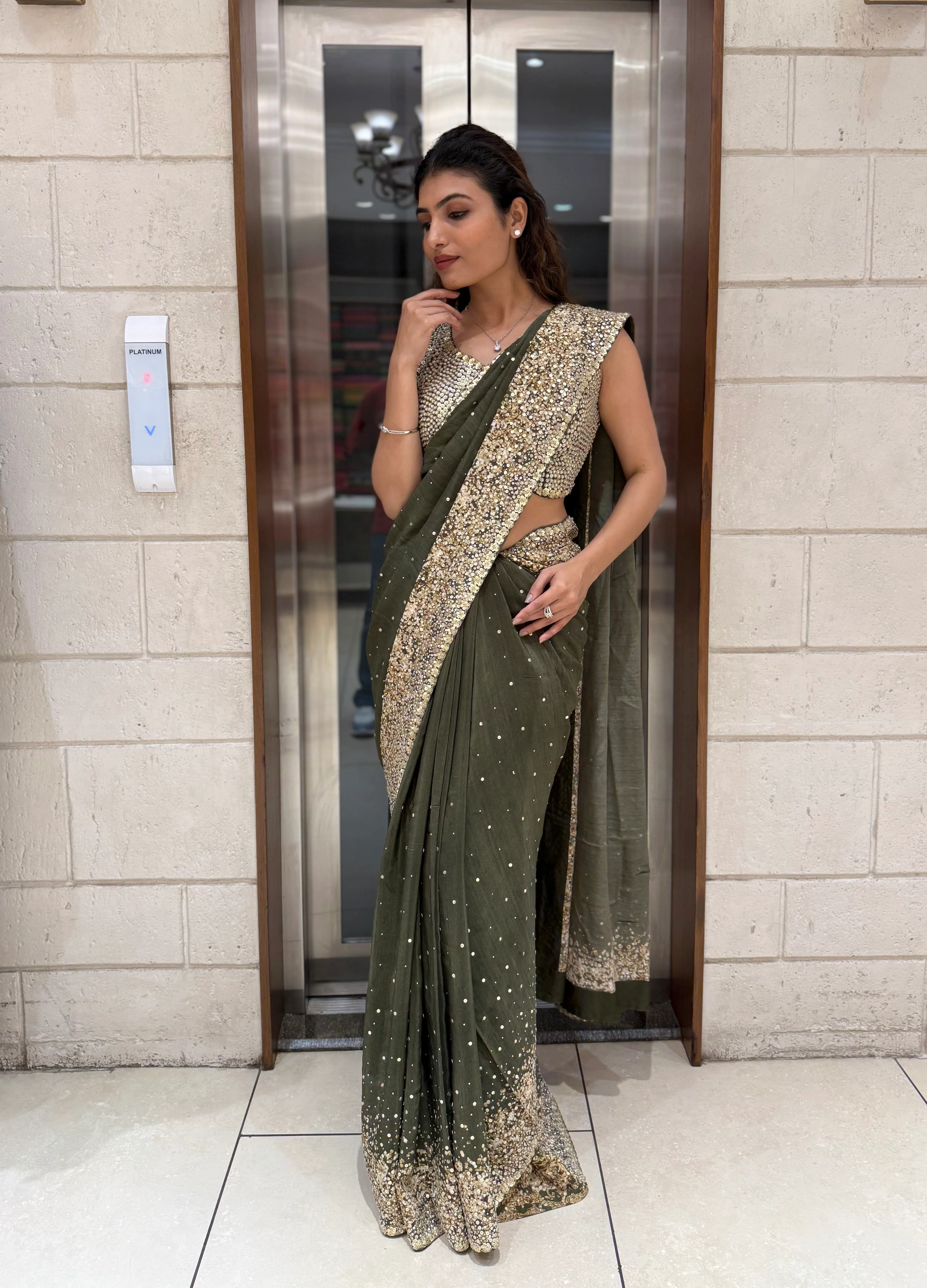 Olive Green Georgette Saree with Sequin and Pearl Embroidery – Elegant Party - Image 6