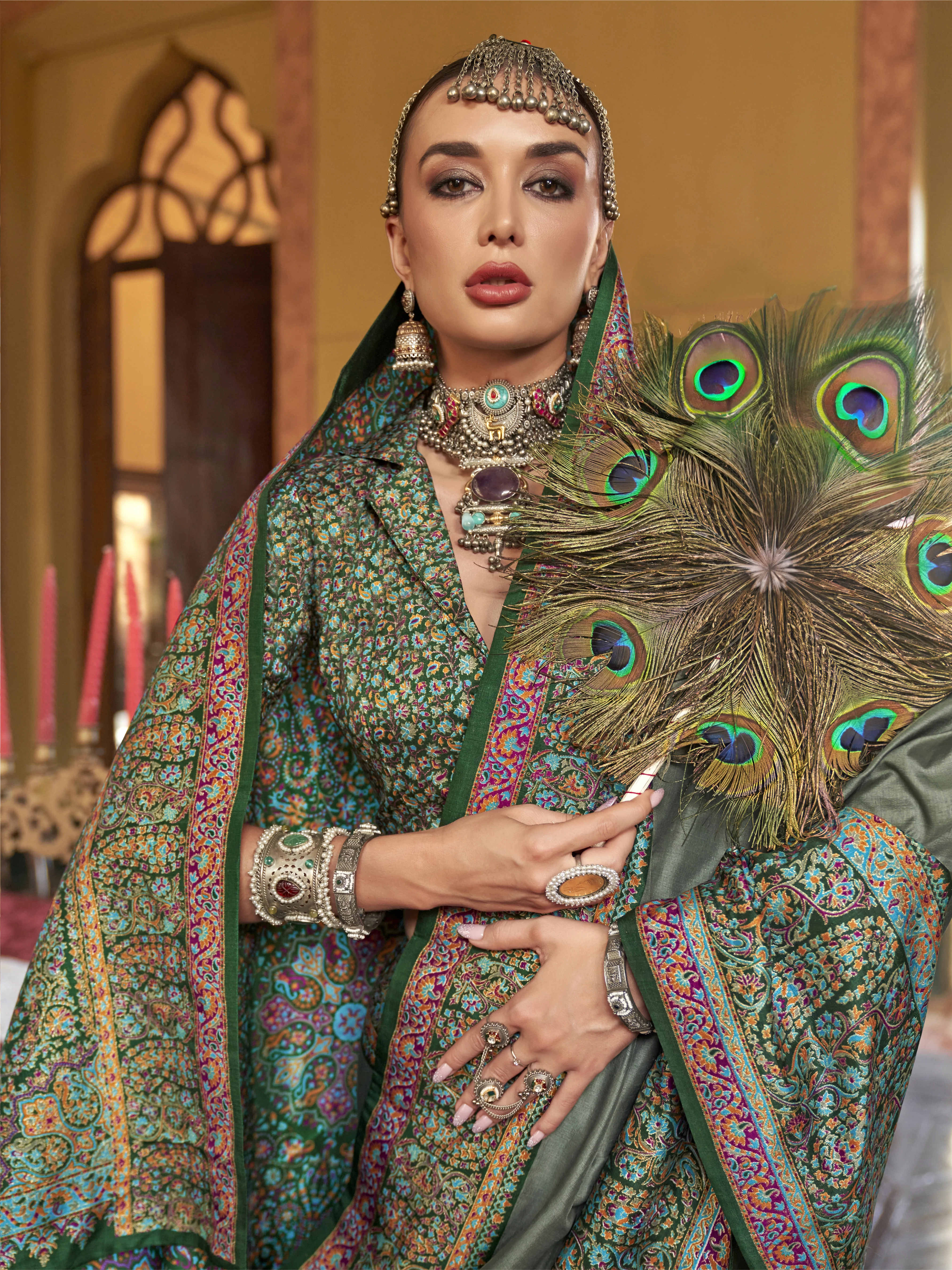 Olive Green Heritage Pashmina Inspired Designer Saree with Multicolour Traditional Border - Image 2