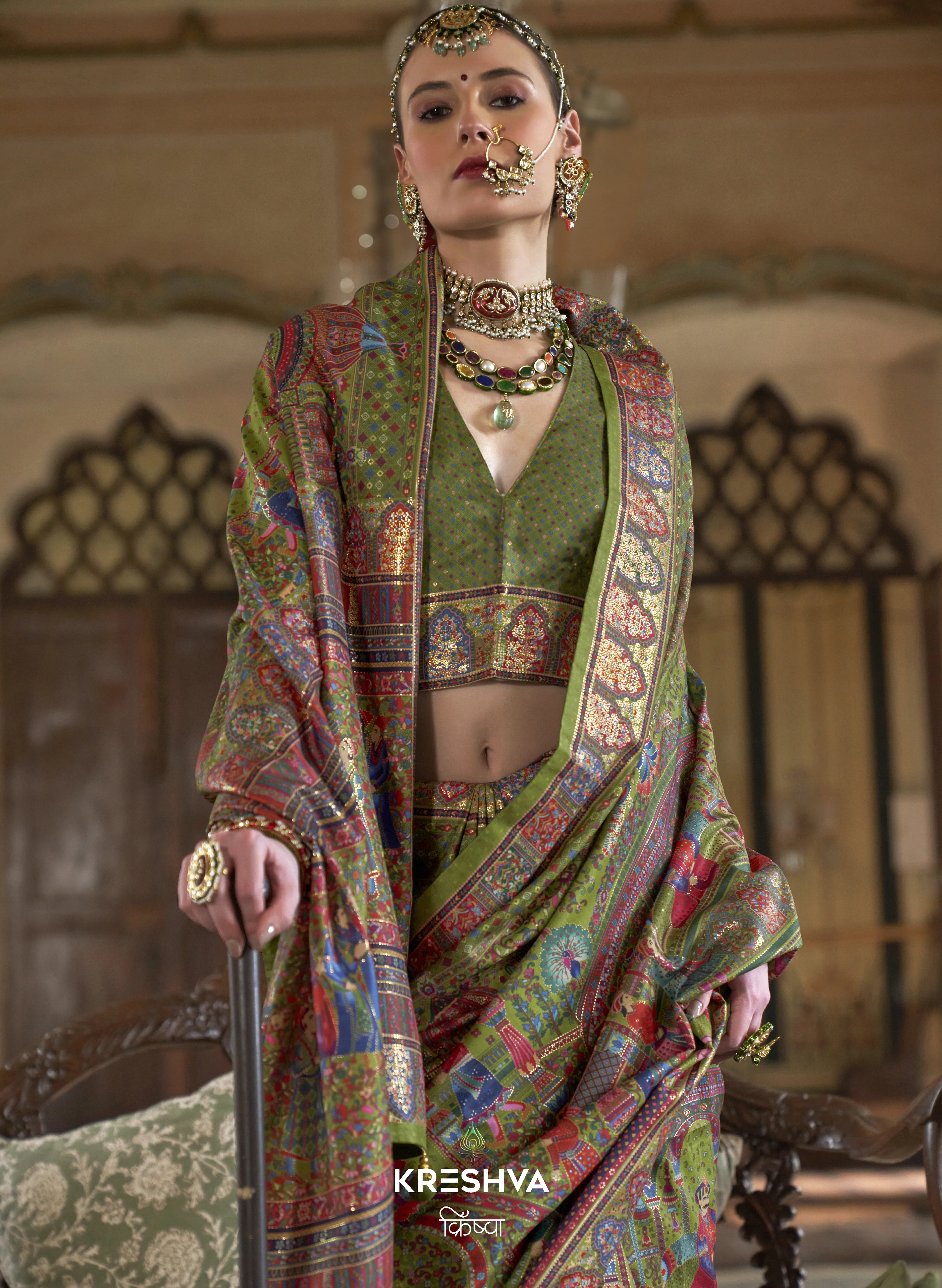 Olive Green Heritage Pashmina Inspired Designer Saree with Royal Traditional Border - Image 2