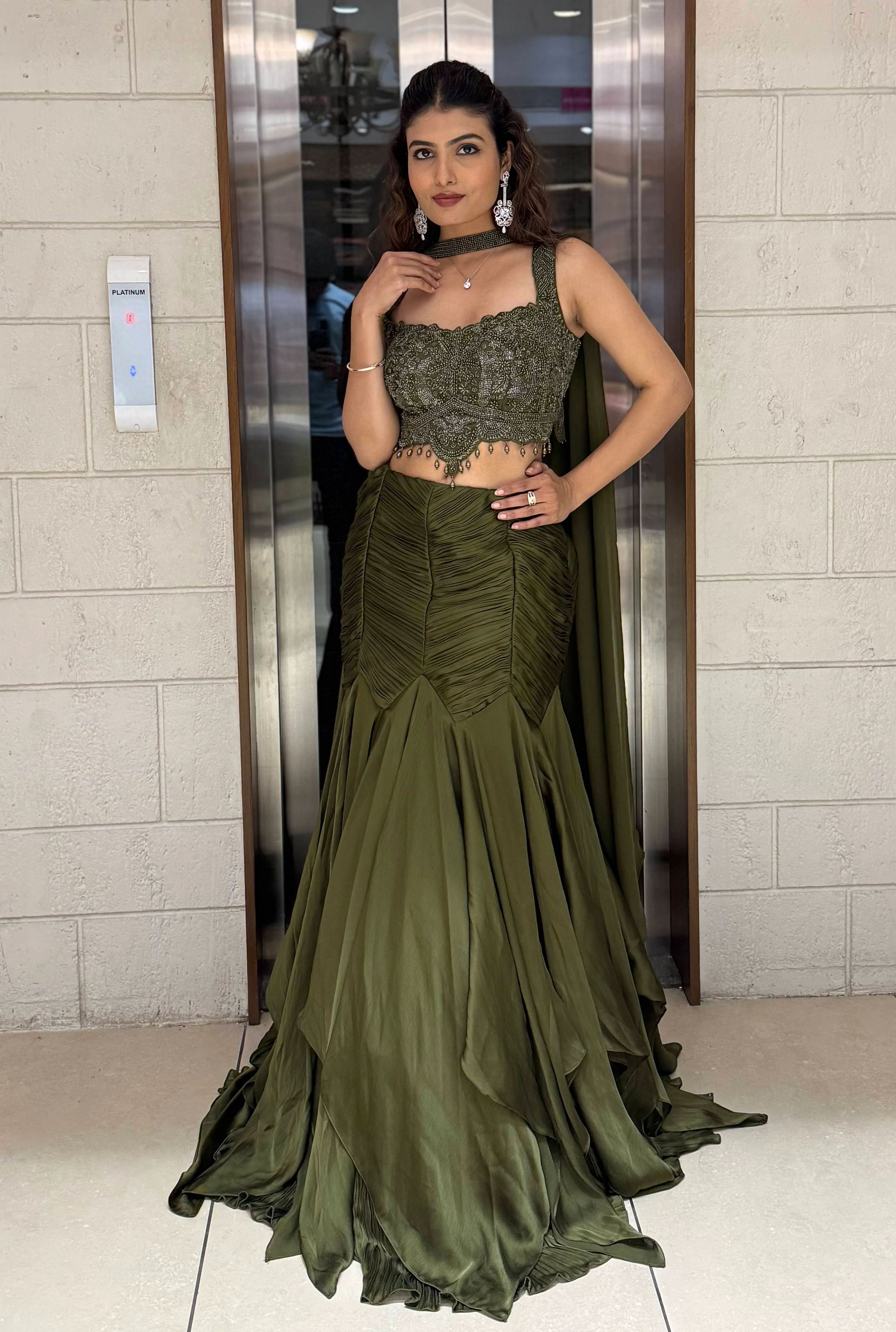 Olive Green Indo-Western Mermaid Gown with Embellished Corset & Draped Cape Sleeves - Image 3