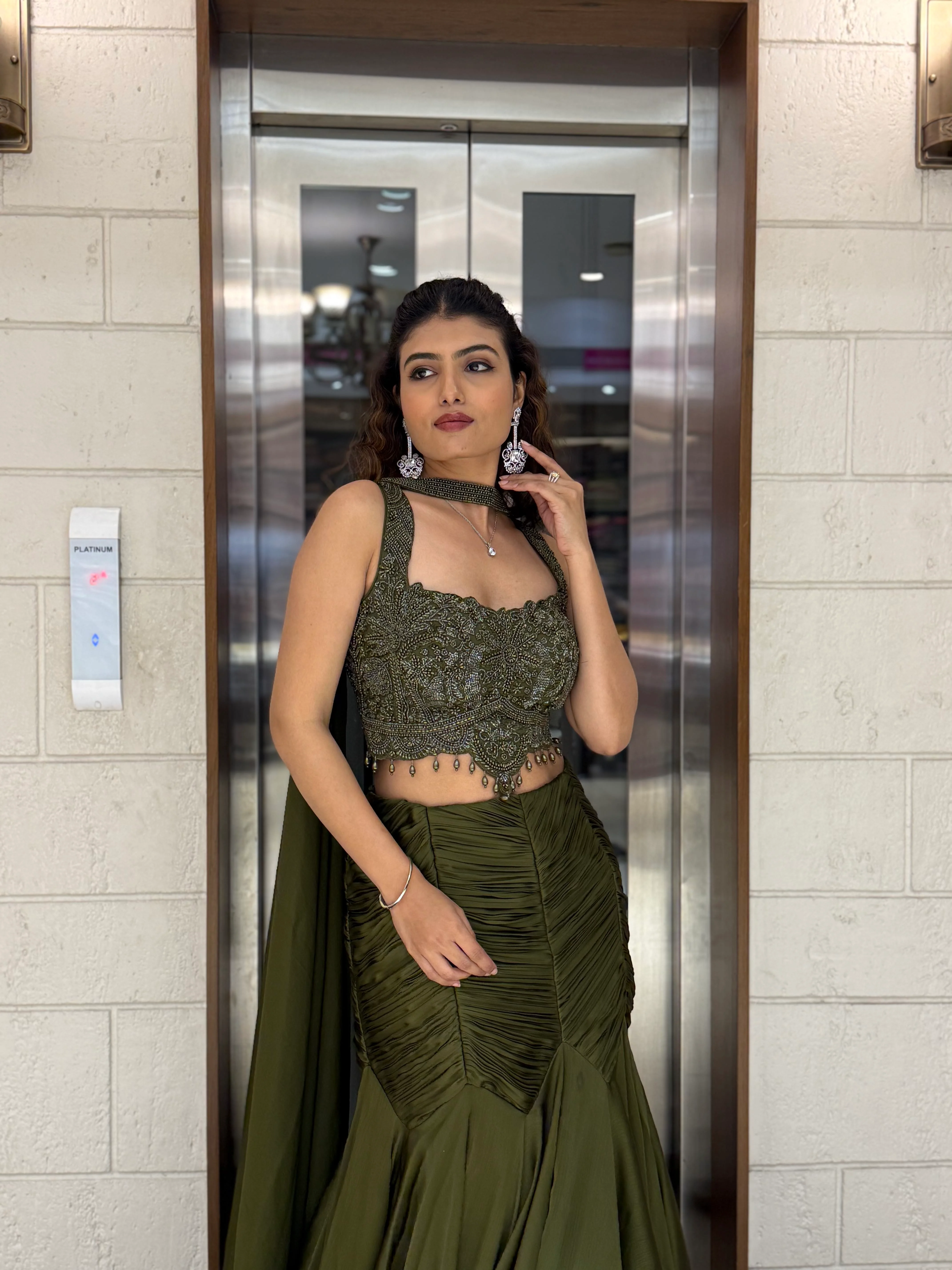 Olive Green Indo-Western Mermaid Gown with Embellished Corset & Draped Cape Sleeves - Image 5