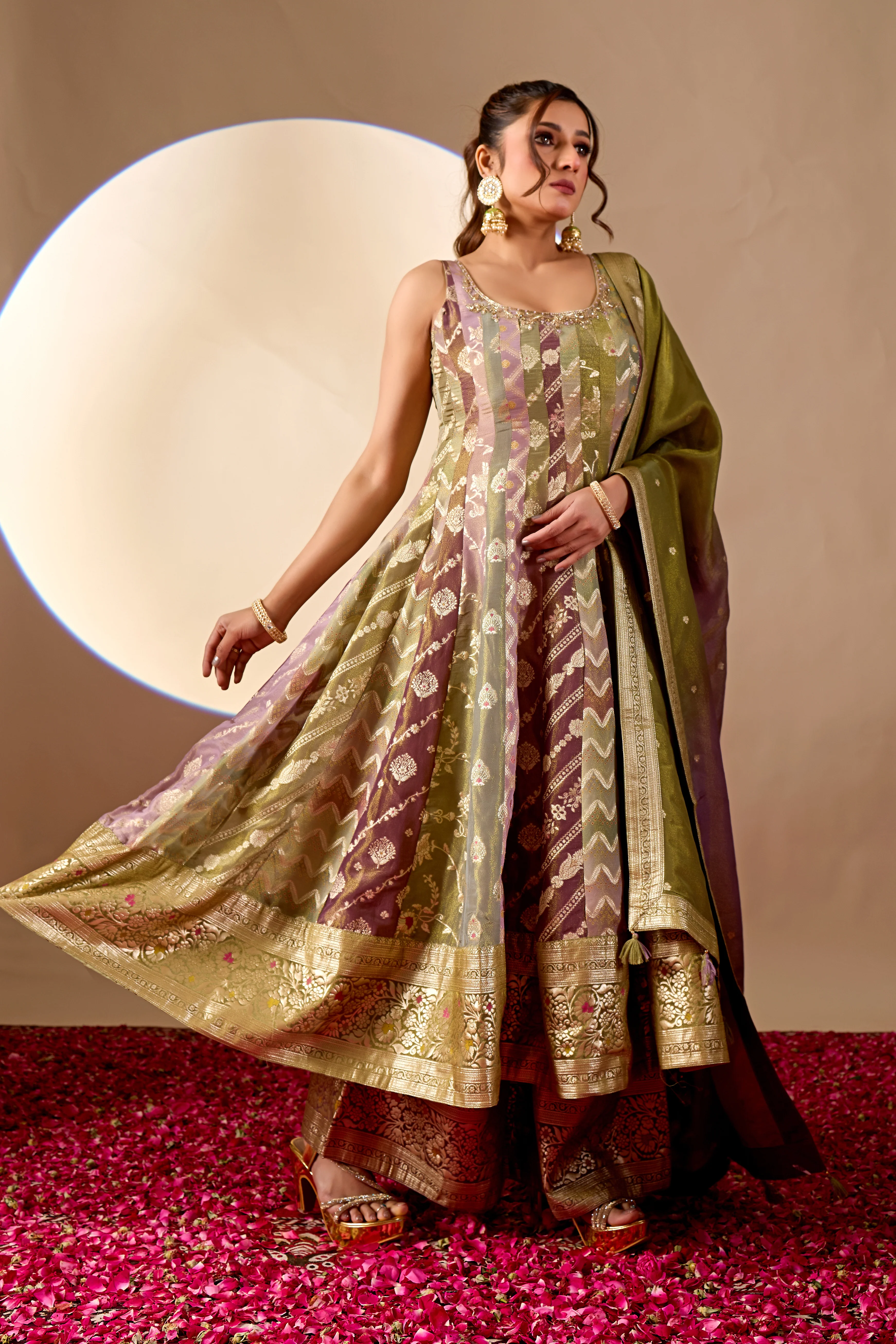 Olive Green & Mauve Banarasi Anarkali Palazzo Set with Dupatta - Image 2