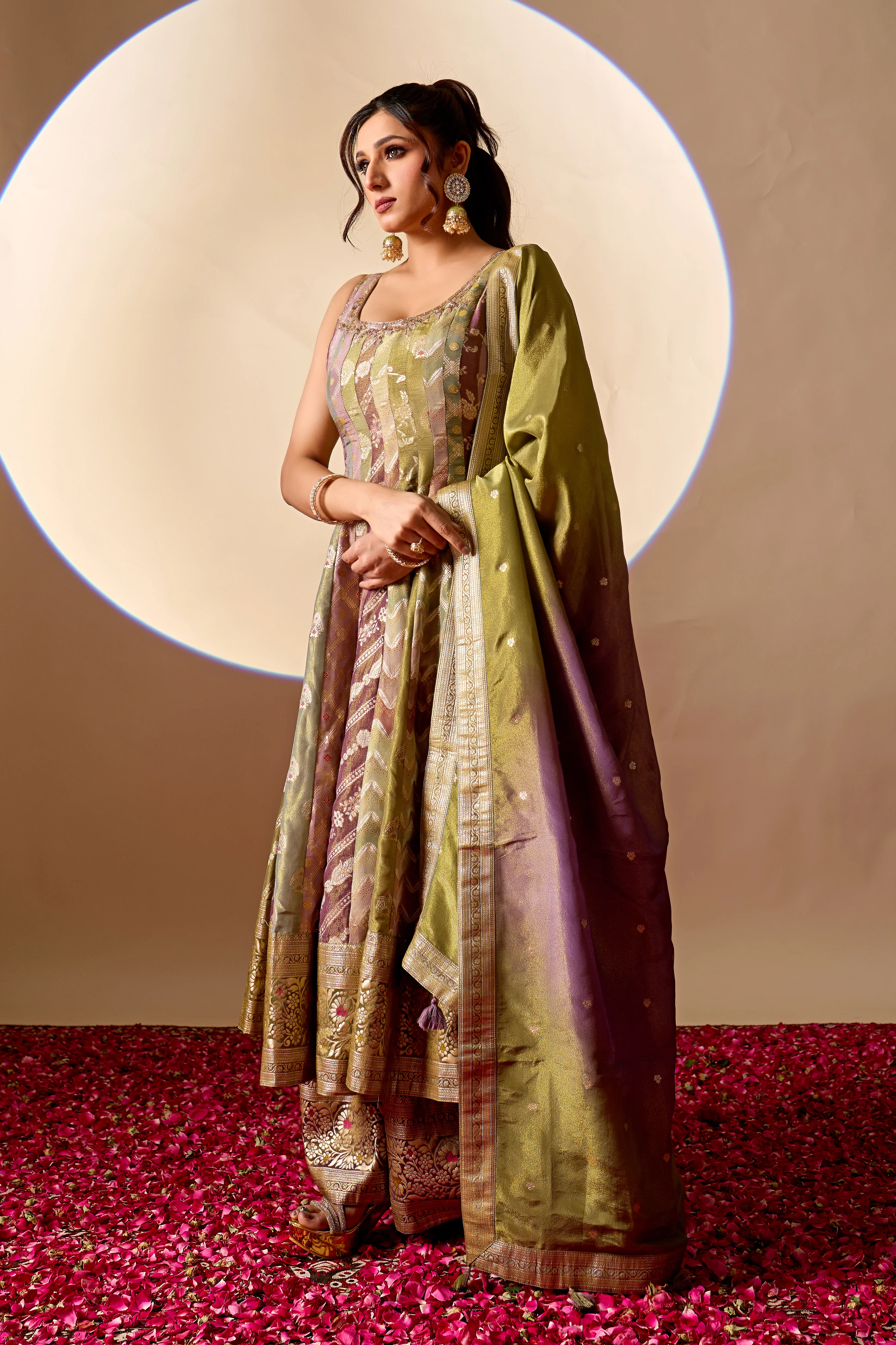 Olive Green & Mauve Banarasi Anarkali Palazzo Set with Dupatta - Image 3