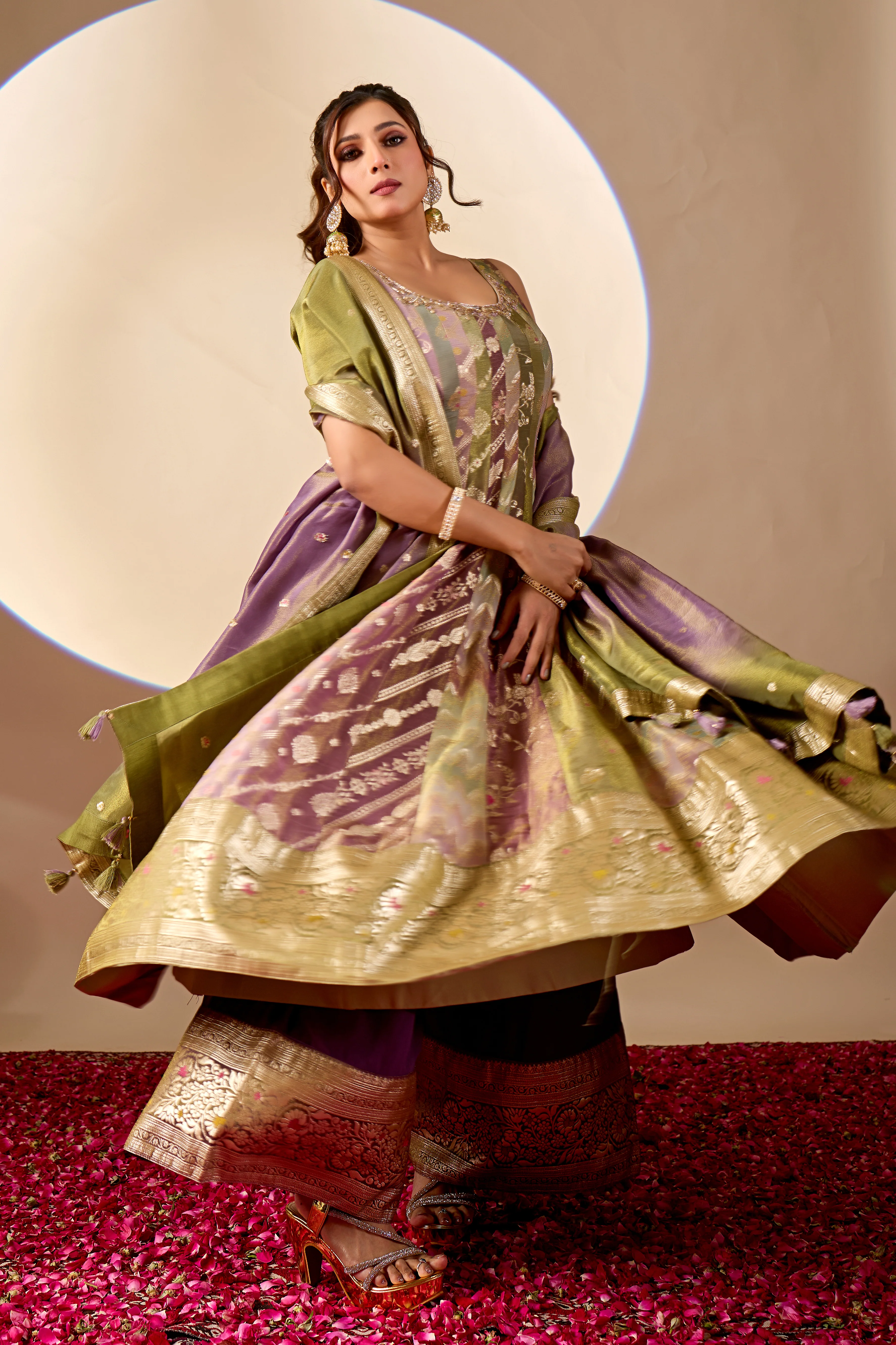 Olive Green & Mauve Banarasi Anarkali Palazzo Set with Dupatta - Image 4