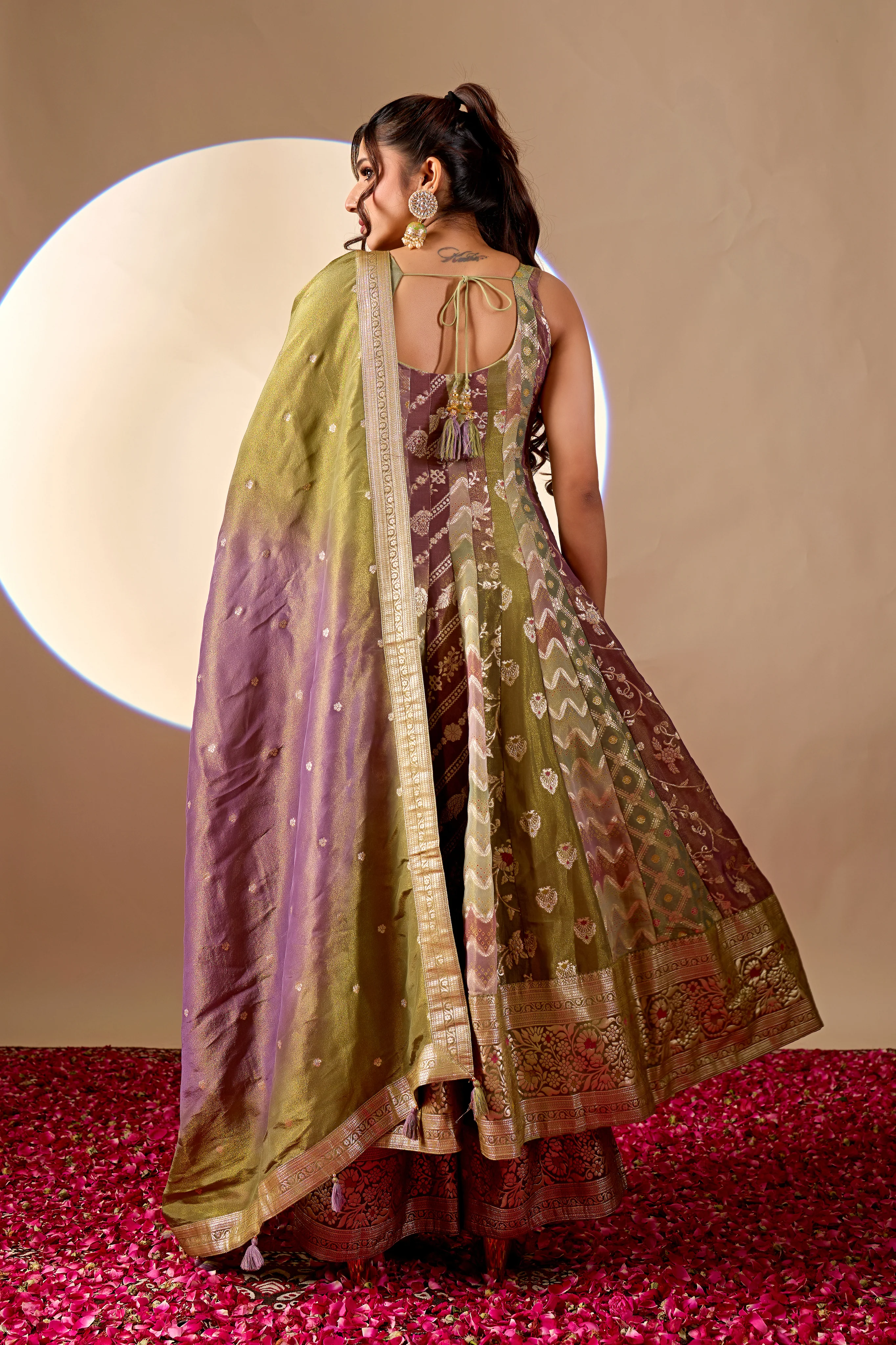 Olive Green & Mauve Banarasi Anarkali Palazzo Set with Dupatta - Image 5