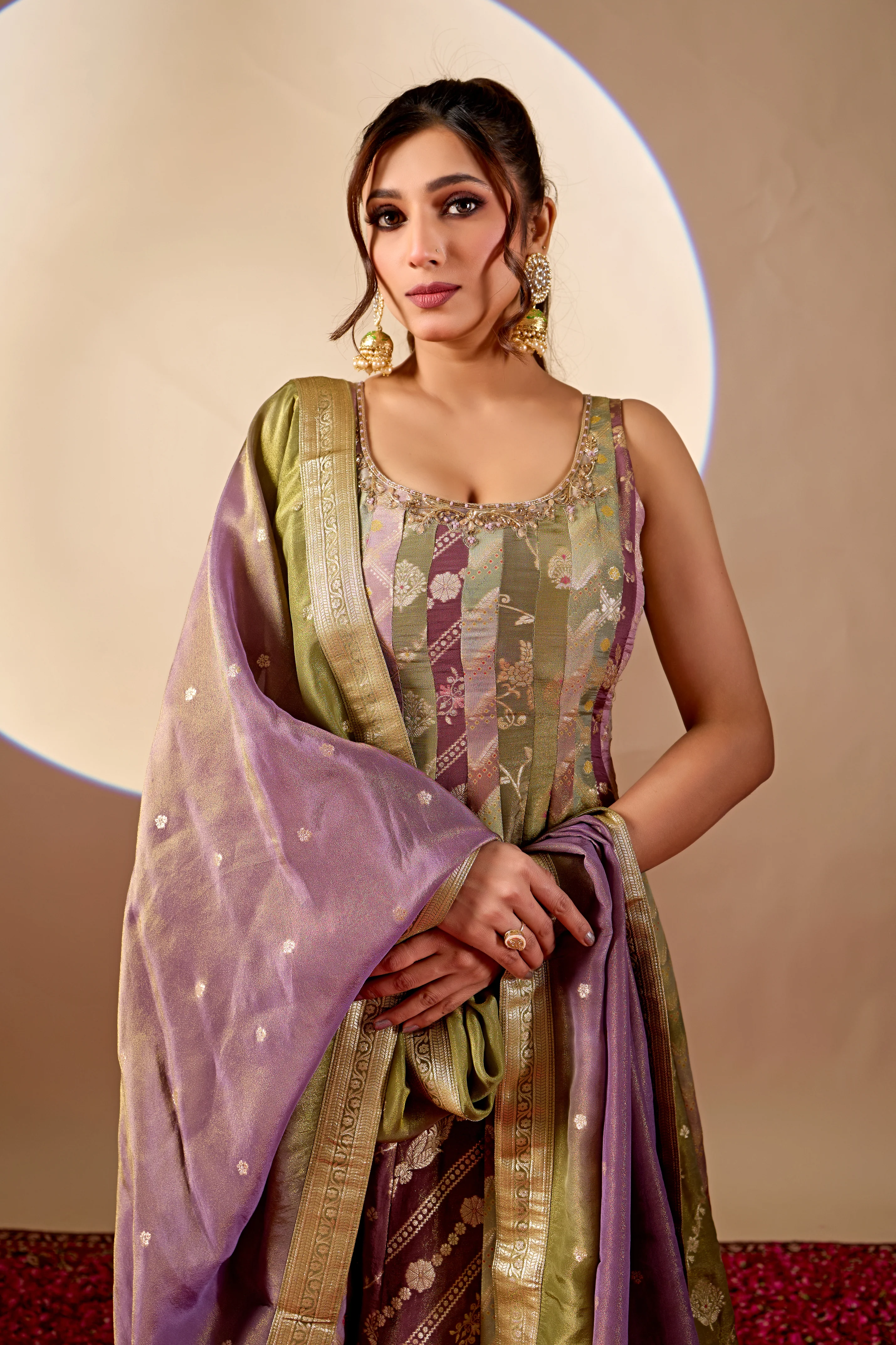 Olive Green & Mauve Banarasi Anarkali Palazzo Set with Dupatta - Image 6